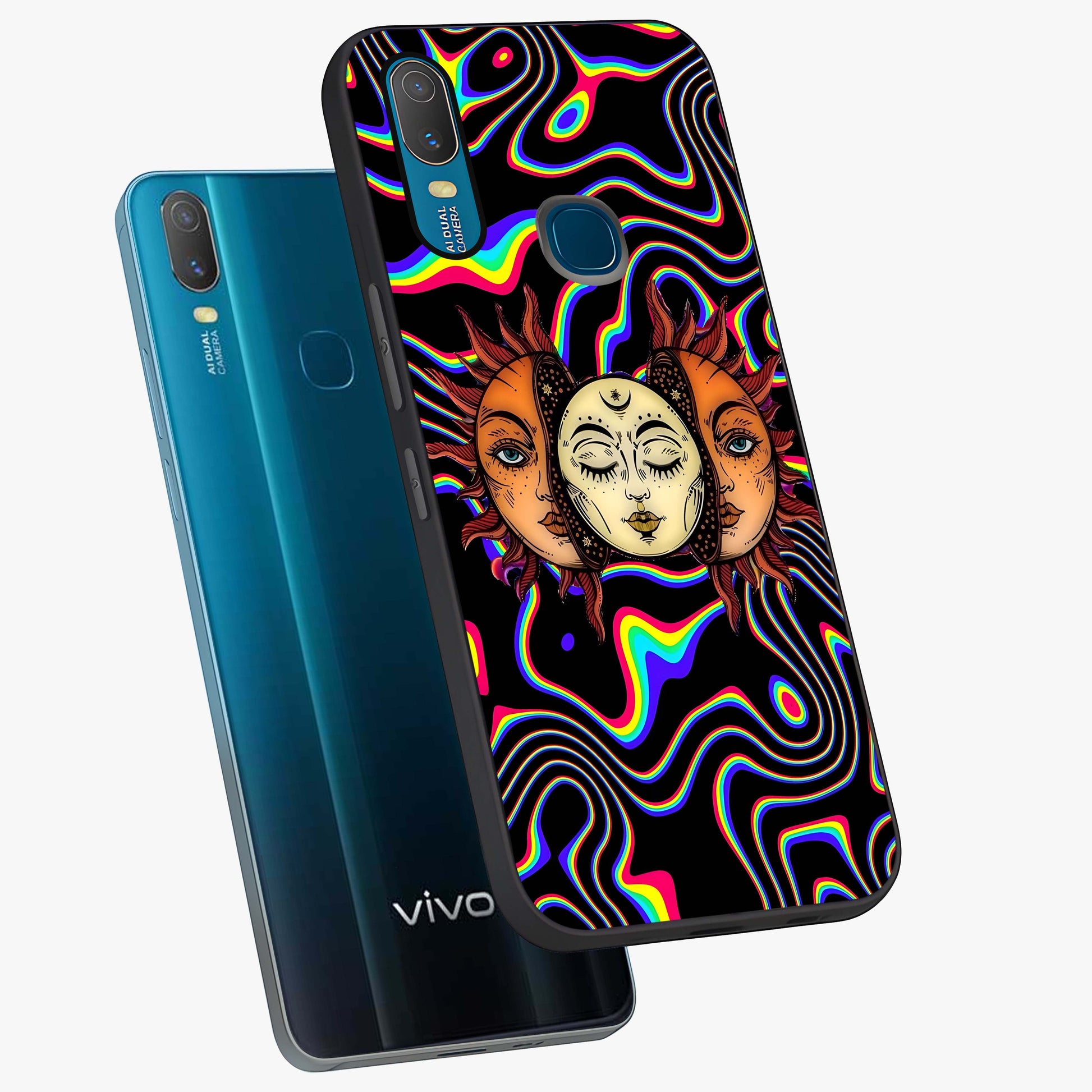 Psychedelic Sun Glass Case displayed in angled mockup highlighting vibrant abstract sun design with artistic aesthetic style.