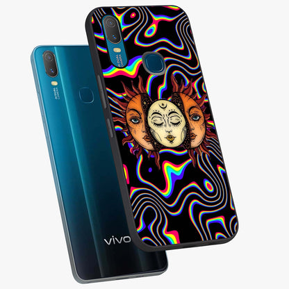 Psychedelic Sun Glass Case displayed in angled mockup highlighting vibrant abstract sun design with artistic aesthetic style.