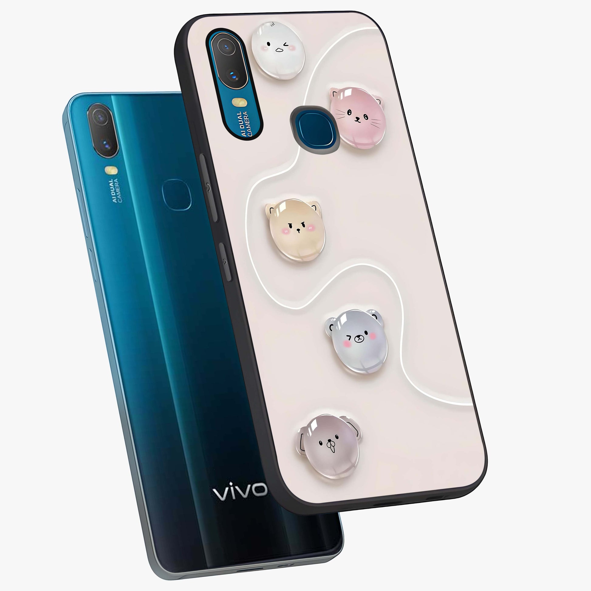 Puffy Face Parade Glass Case displayed in angled mockup highlighting playful cartoon face design with fun aesthetic.
