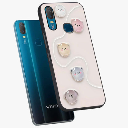 Puffy Face Parade Glass Case displayed in angled mockup highlighting playful cartoon face design with fun aesthetic.