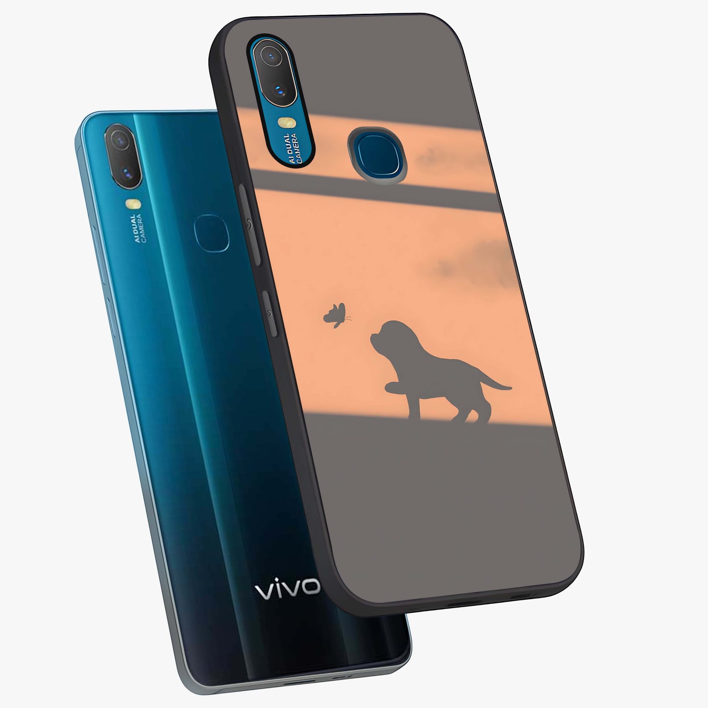 Puppy Shadow Art Glass Case displayed in angled mockup highlighting playful dog illustration with artistic shadow aesthetic.