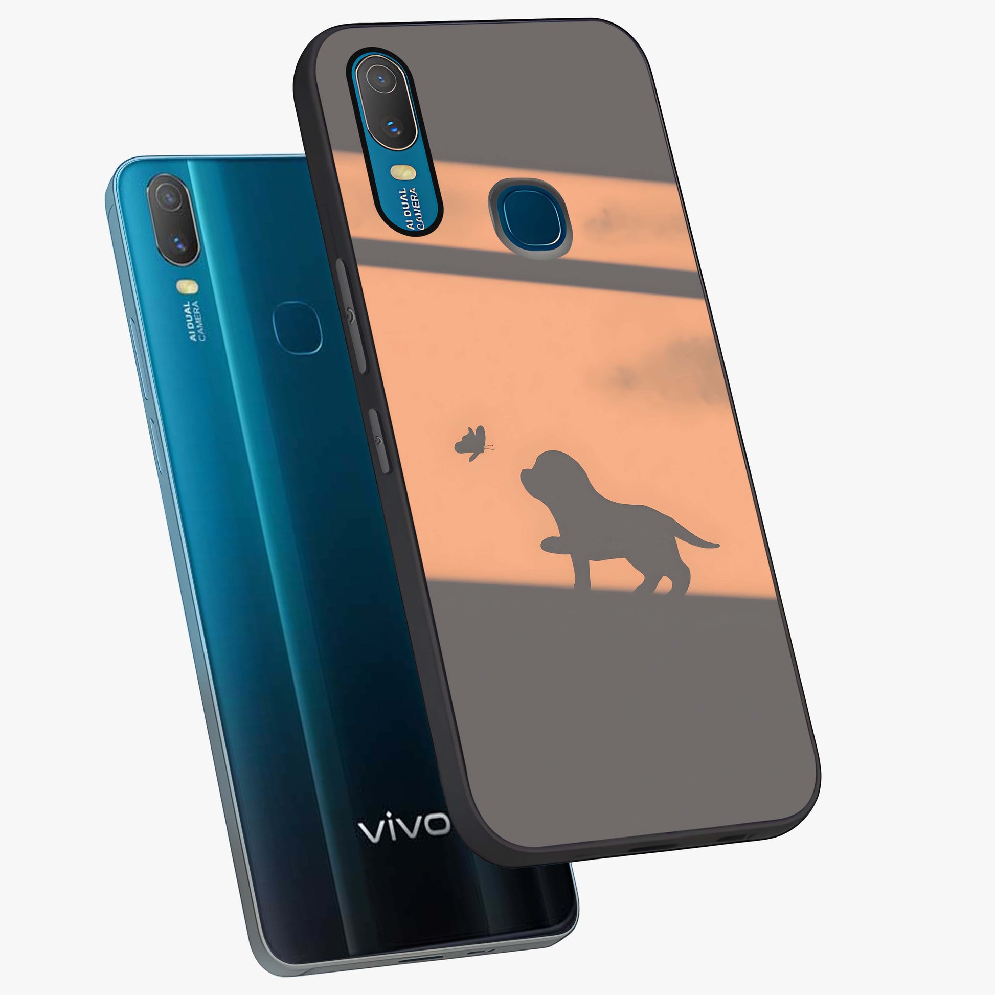 Puppy Shadow Art Glass Case displayed in angled mockup highlighting playful dog illustration with artistic shadow aesthetic.