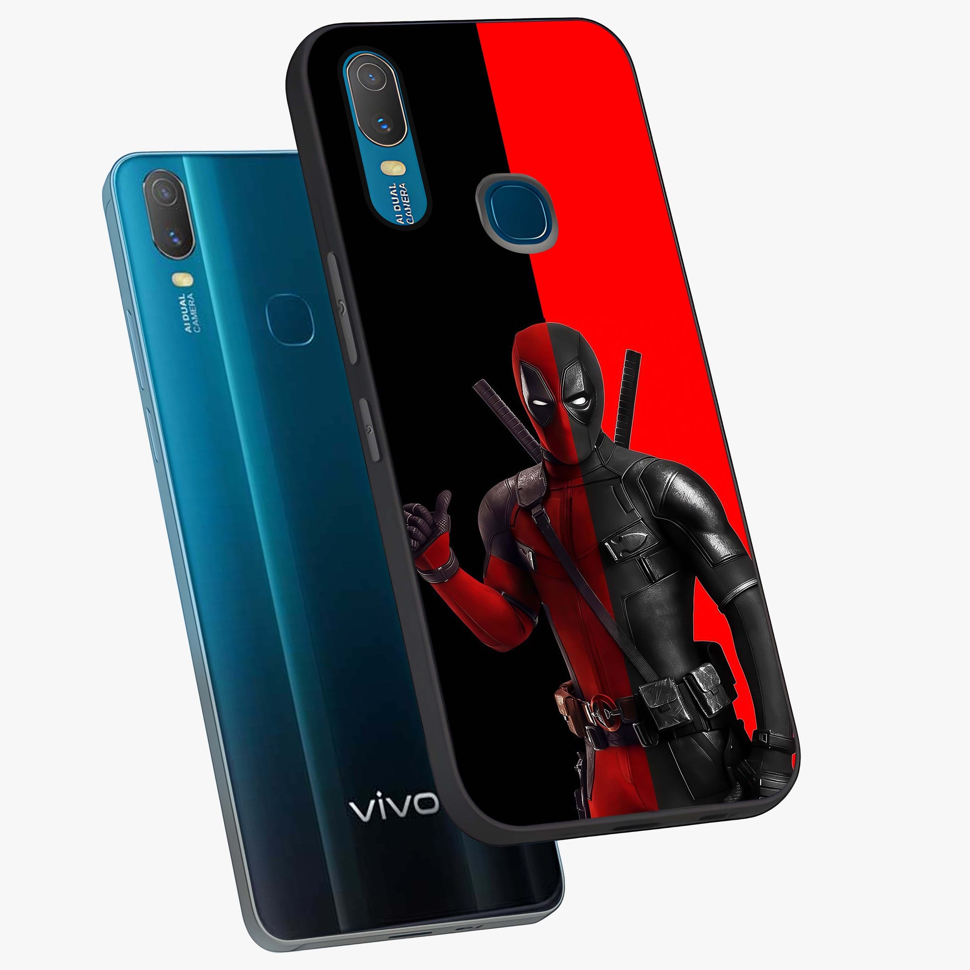 Red & Black Deadpool Theme Glass Case displayed in angled mockup highlighting vibrant superhero style illustration with action aesthetic.