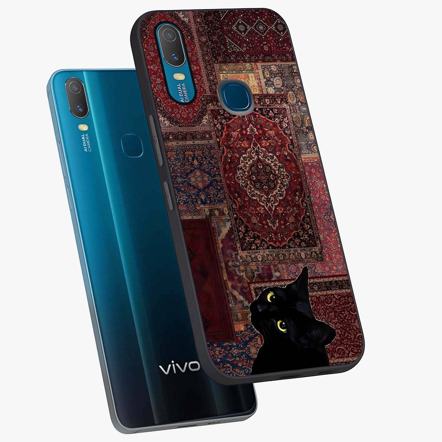 Regal Magic Cat Apple Glass Case displayed in angled mockup highlighting whimsical feline design with fantasy aesthetic.
