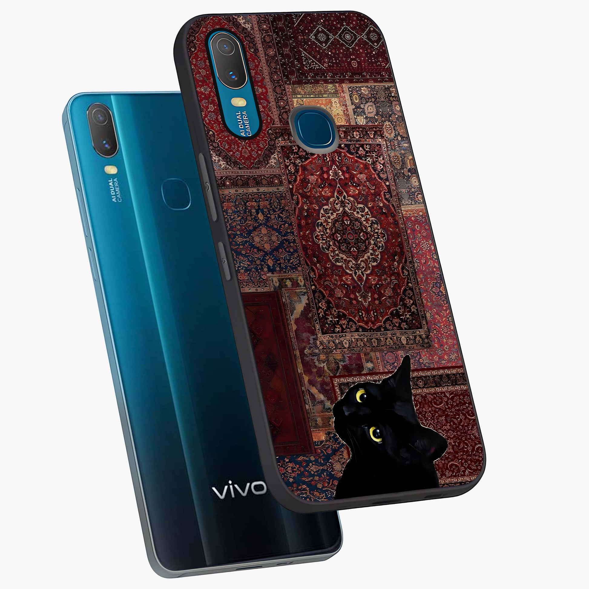 Regal Magic Cat Apple Glass Case displayed in angled mockup highlighting whimsical feline design with fantasy aesthetic.
