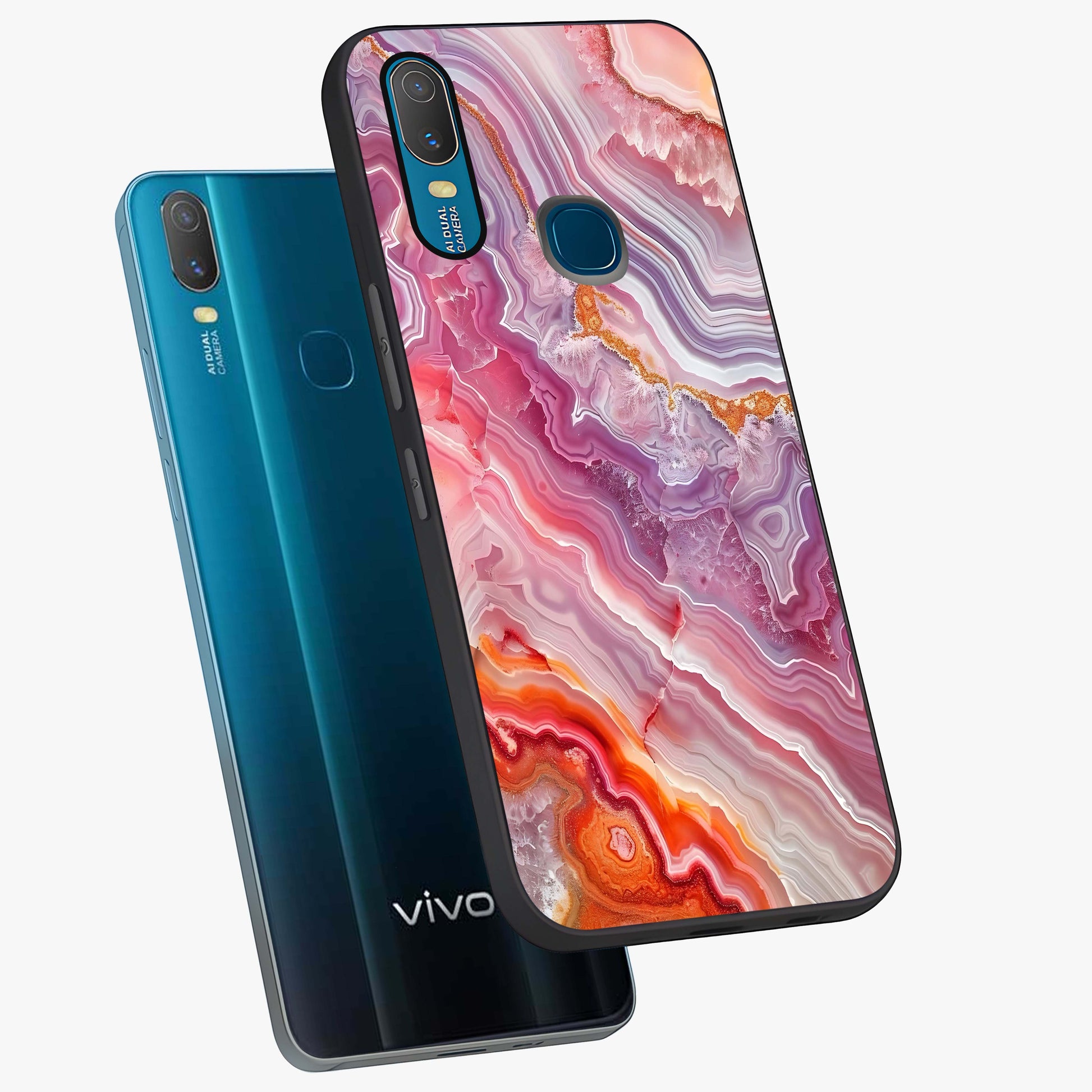 Rose Quartz Marble Glass Case displayed in angled mockup highlighting elegant marble pattern with soft aesthetic style.