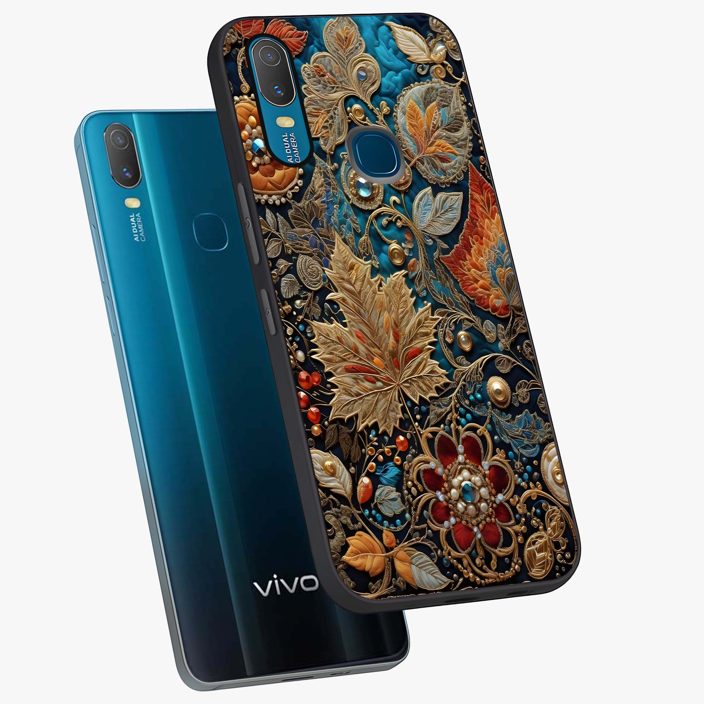 Royal Jewel Garden Glass Case displayed in angled mockup highlighting vibrant jewel inspired floral design with elegant aesthetic.