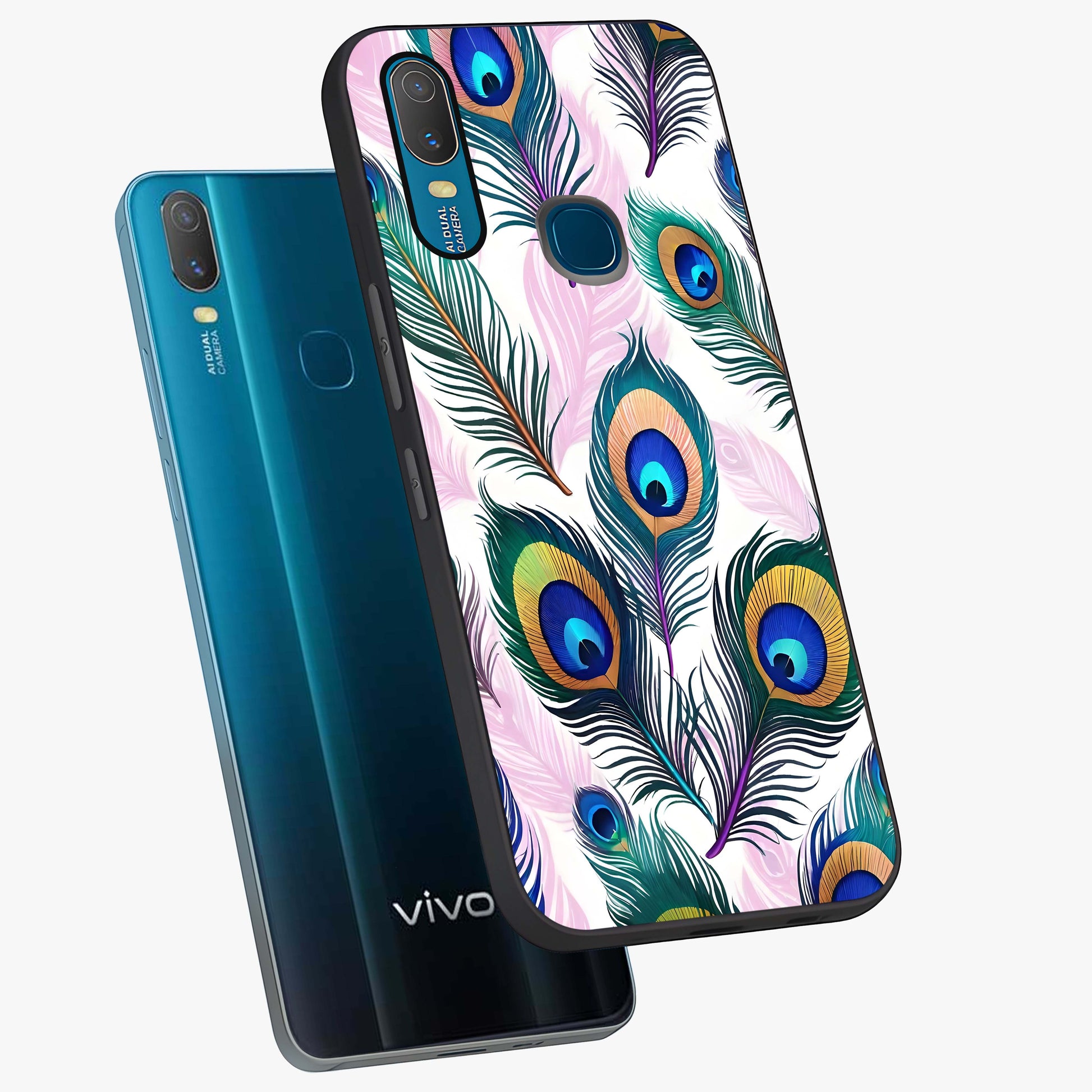 Royal Peacock Feathers Glass Case displayed in angled mockup highlighting vibrant feather pattern with regal aesthetic style.