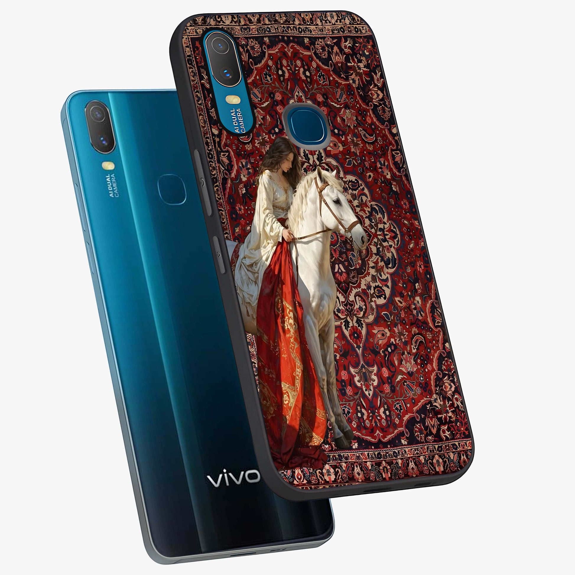 Royal Rider Tapestry Glass Case displayed in angled mockup highlighting traditional tapestry design with royal heritage aesthetic.