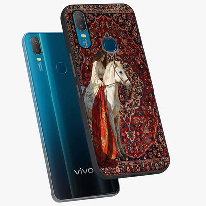 Royal Rider Tapestry Glass Case displayed in angled mockup highlighting traditional tapestry design with royal heritage aesthetic.