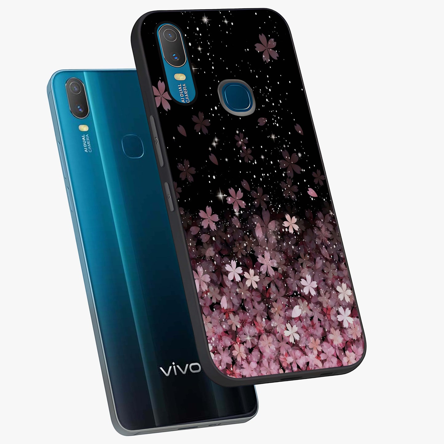 Small Starry Flowers Glass Case displayed in angled mockup highlighting tiny flower pattern with celestial aesthetic style.