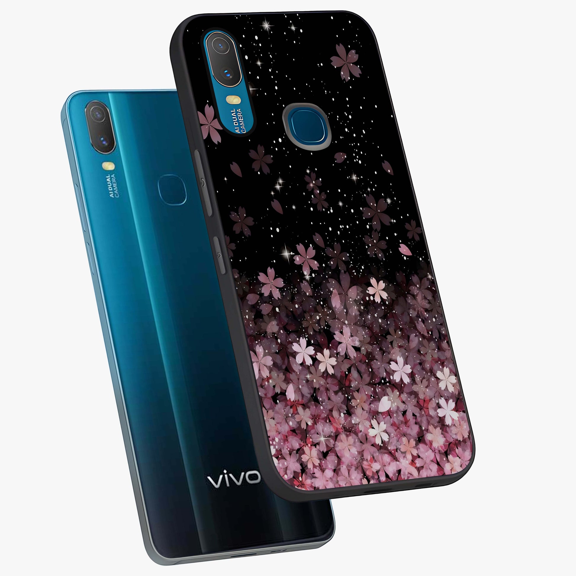 Small Starry Flowers Glass Case displayed in angled mockup highlighting tiny flower pattern with celestial aesthetic style.