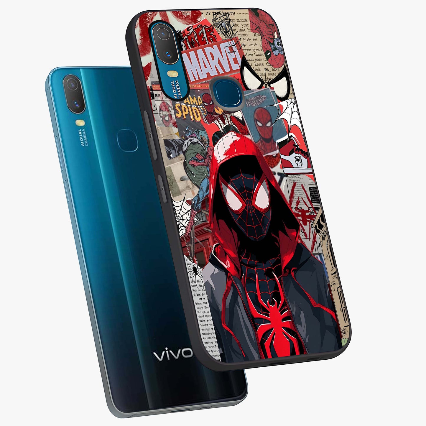 Spider Collage Street Glass Case displayed in angled mockup highlighting dynamic street style collage design with comic aesthetic.