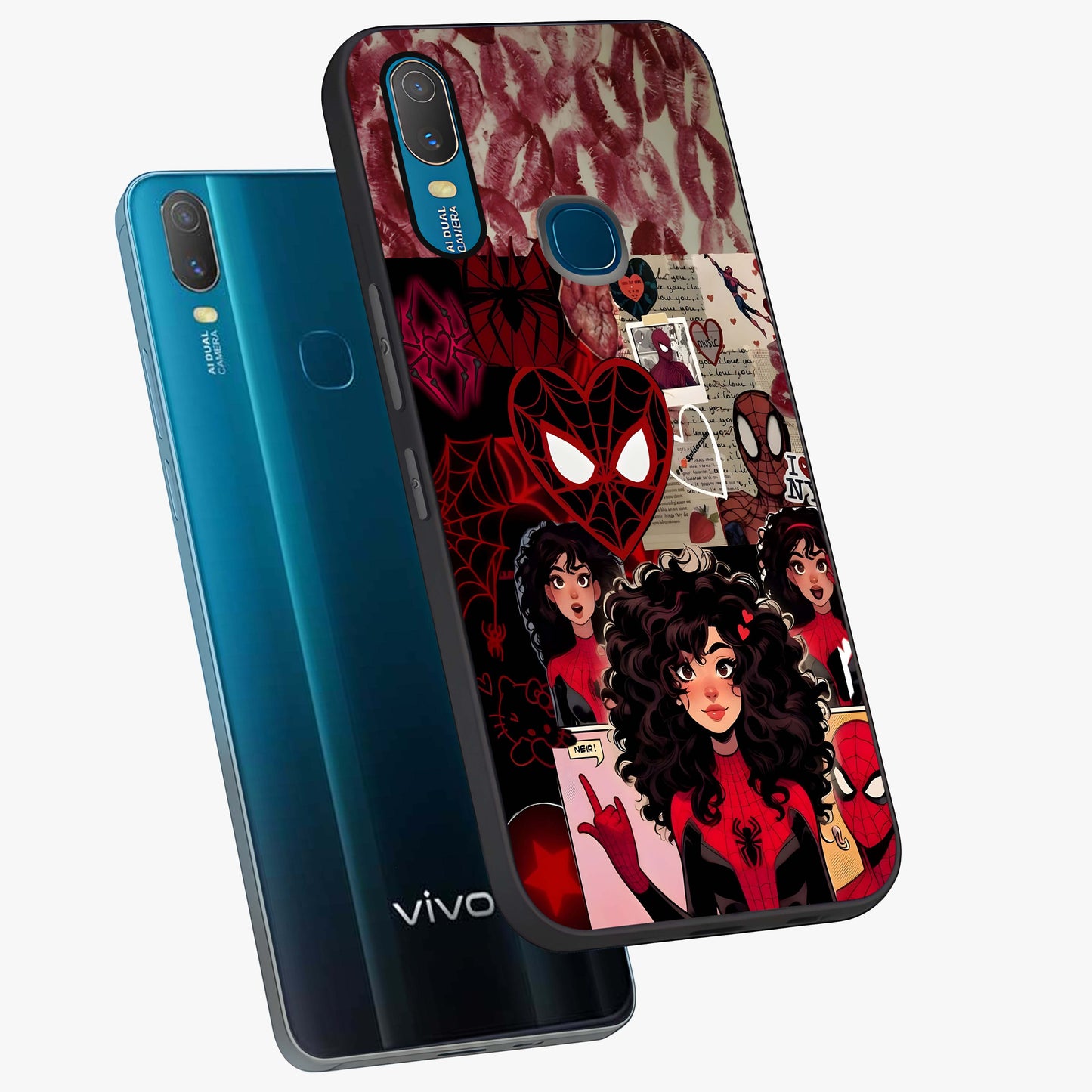 Spider Love Story Glass Case displayed in angled mockup highlighting expressive comic inspired design with playful aesthetic.