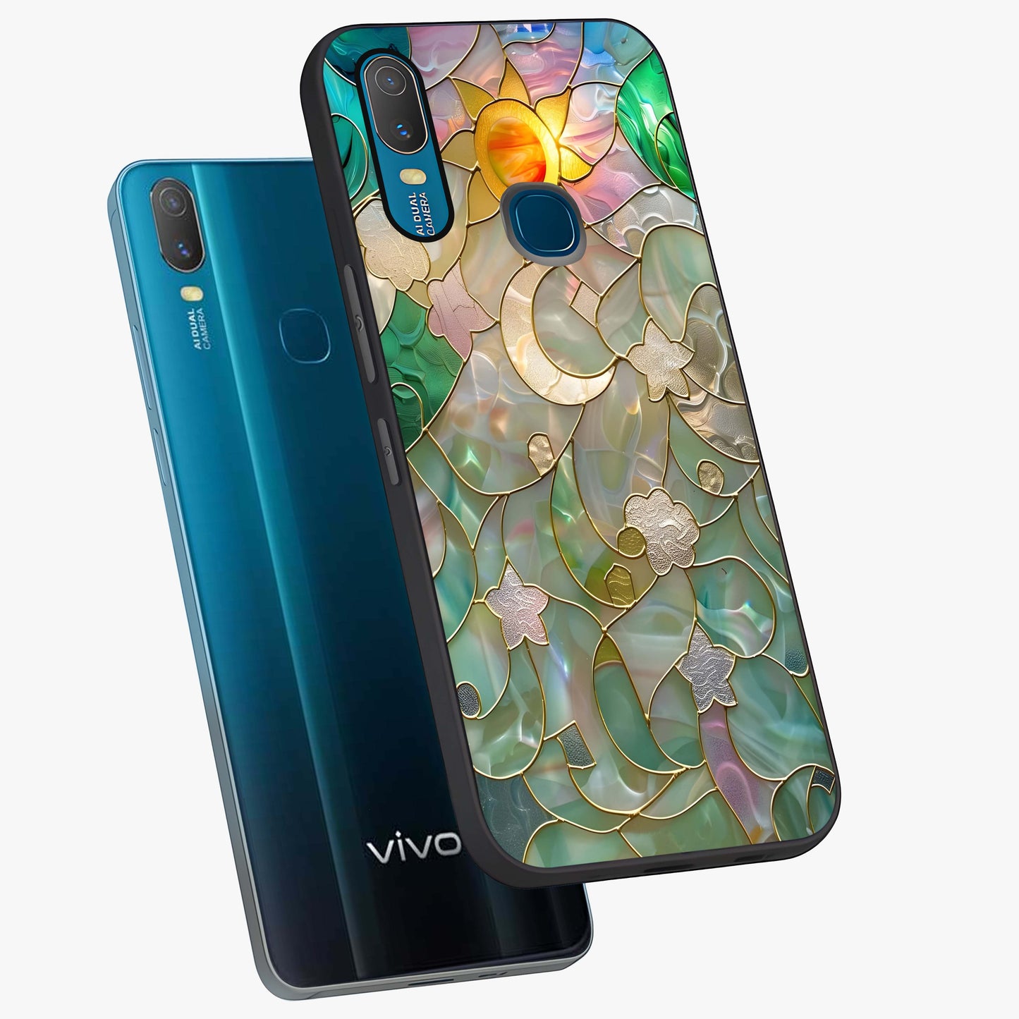 Stained Sunrise Glow Glass Case displayed in angled mockup highlighting radiant sunrise design with artistic aesthetic style.