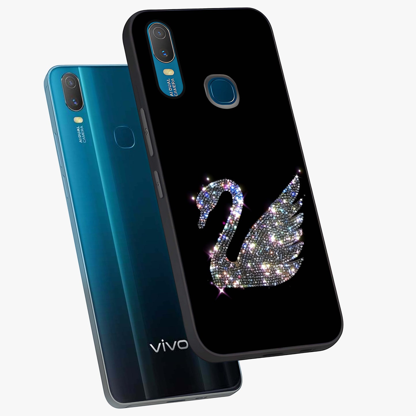 Starlit Swan Grace Glass Case displayed in angled mockup highlighting elegant swan illustration with dreamy celestial aesthetic.
