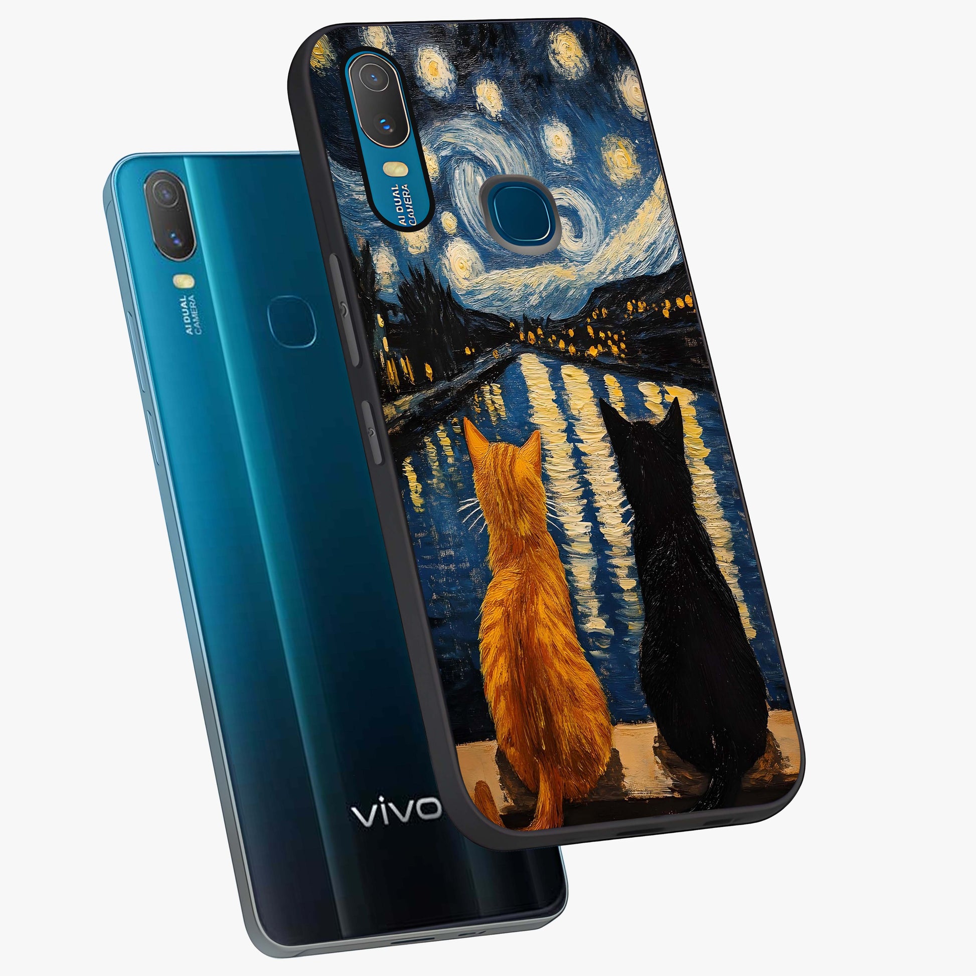 Starry River Cats Glass Case displayed in angled mockup highlighting charming feline illustration with dreamy night aesthetic.