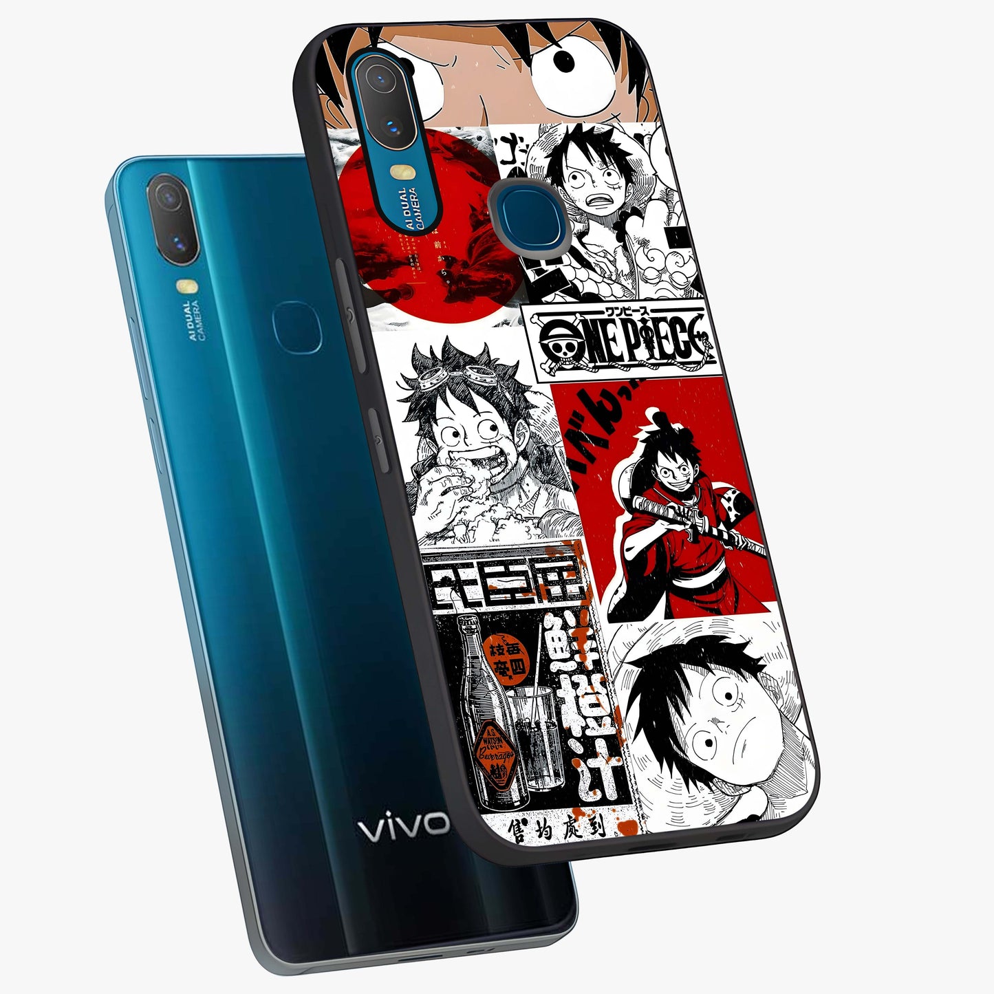 Strawhat Chaos Panels Glass Case displayed in angled mockup highlighting vibrant anime collage design with action aesthetic.