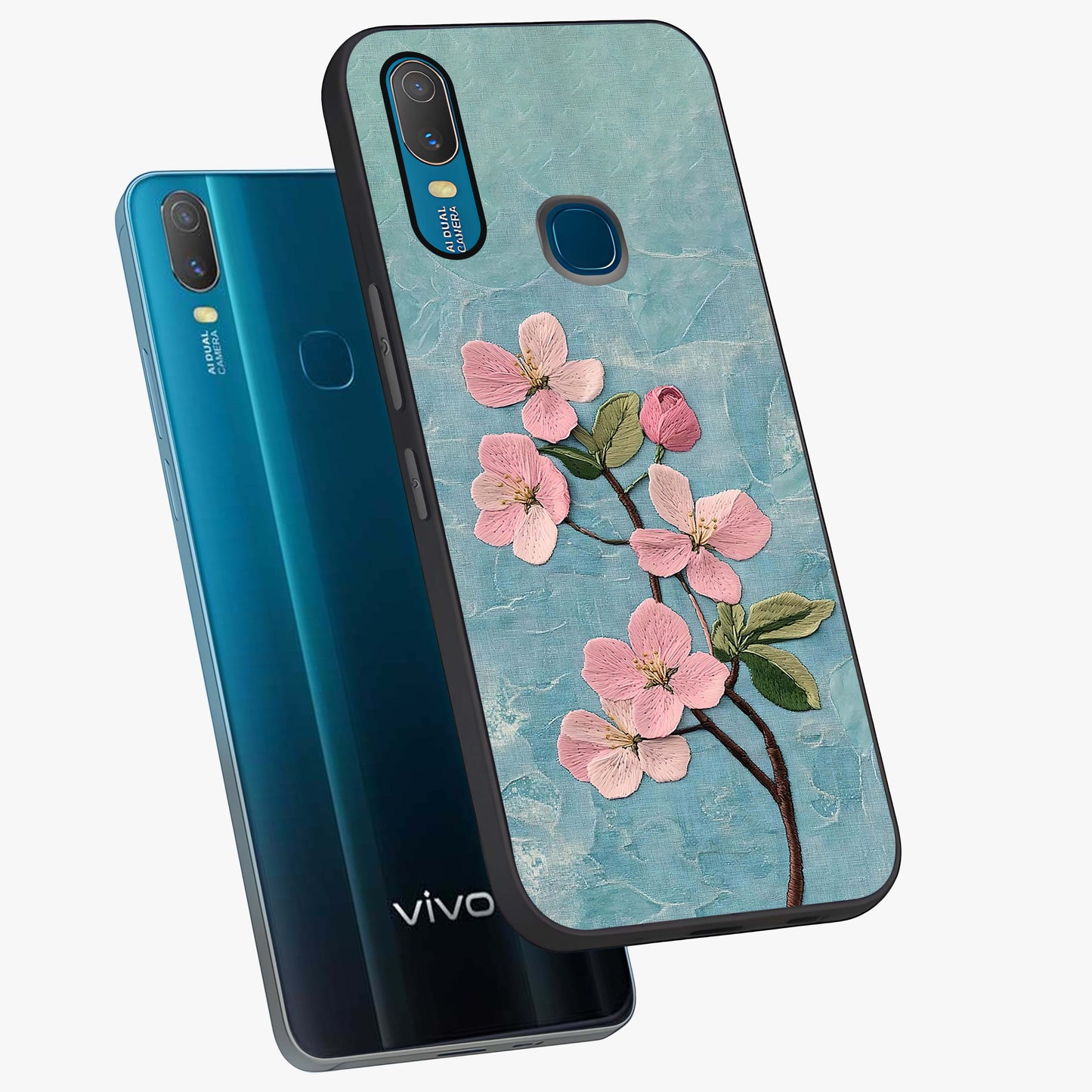 Threaded Blossom Breeze Glass Case displayed in angled mockup highlighting elegant floral design with soft aesthetic style.