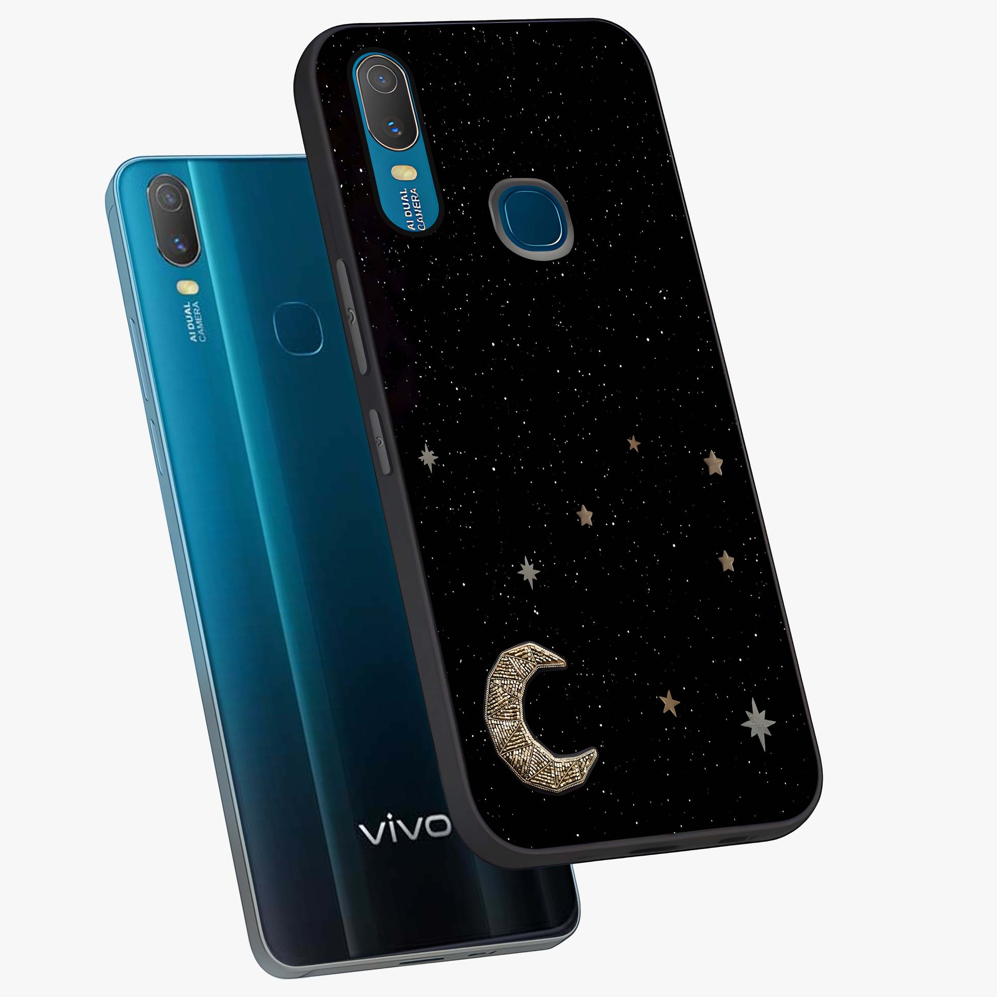 Twinkle Star With Half Moon Glass Case displayed in angled mockup highlighting celestial moon and star design with magical aesthetic.