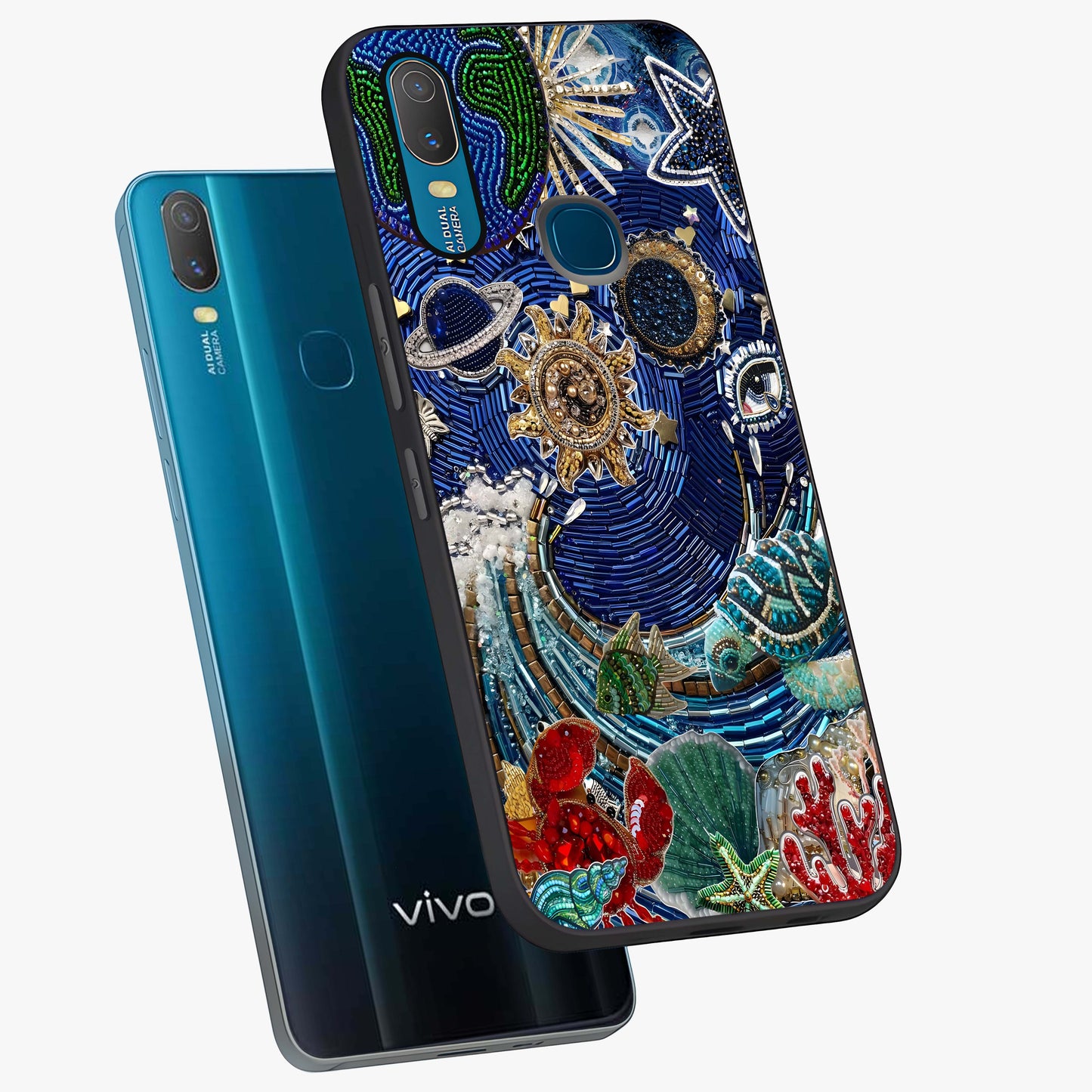 Universe Underwater Spark Glass Case displayed in angled mockup highlighting glowing aquatic design with celestial aesthetic.