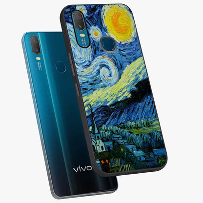 Van Gogh Art Glass Case displayed in angled mockup highlighting swirling brushstroke design with artistic aesthetic.
