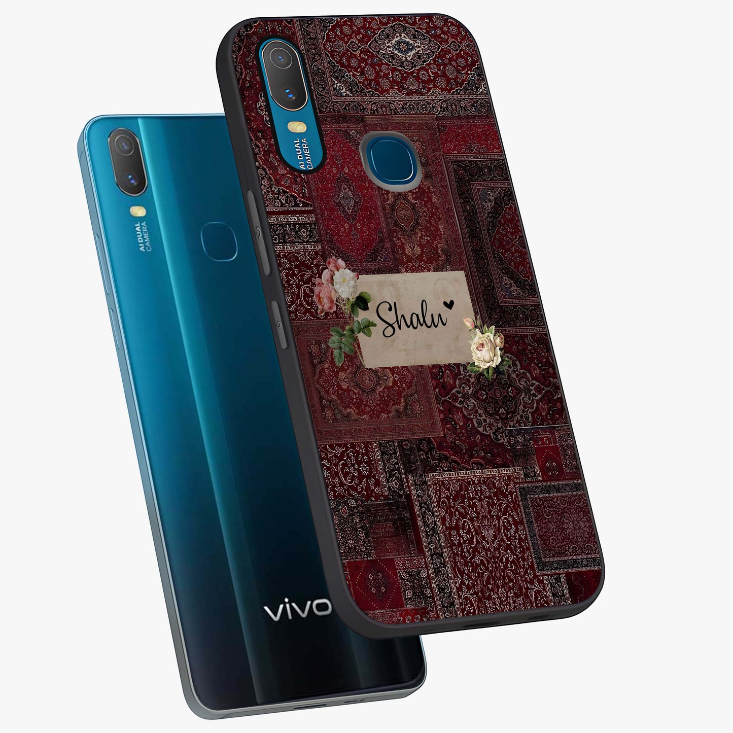 Velvet Wine Pattern Custom Name Glass Case displayed in angled mockup highlighting decorative velvet inspired design with custom name feature.