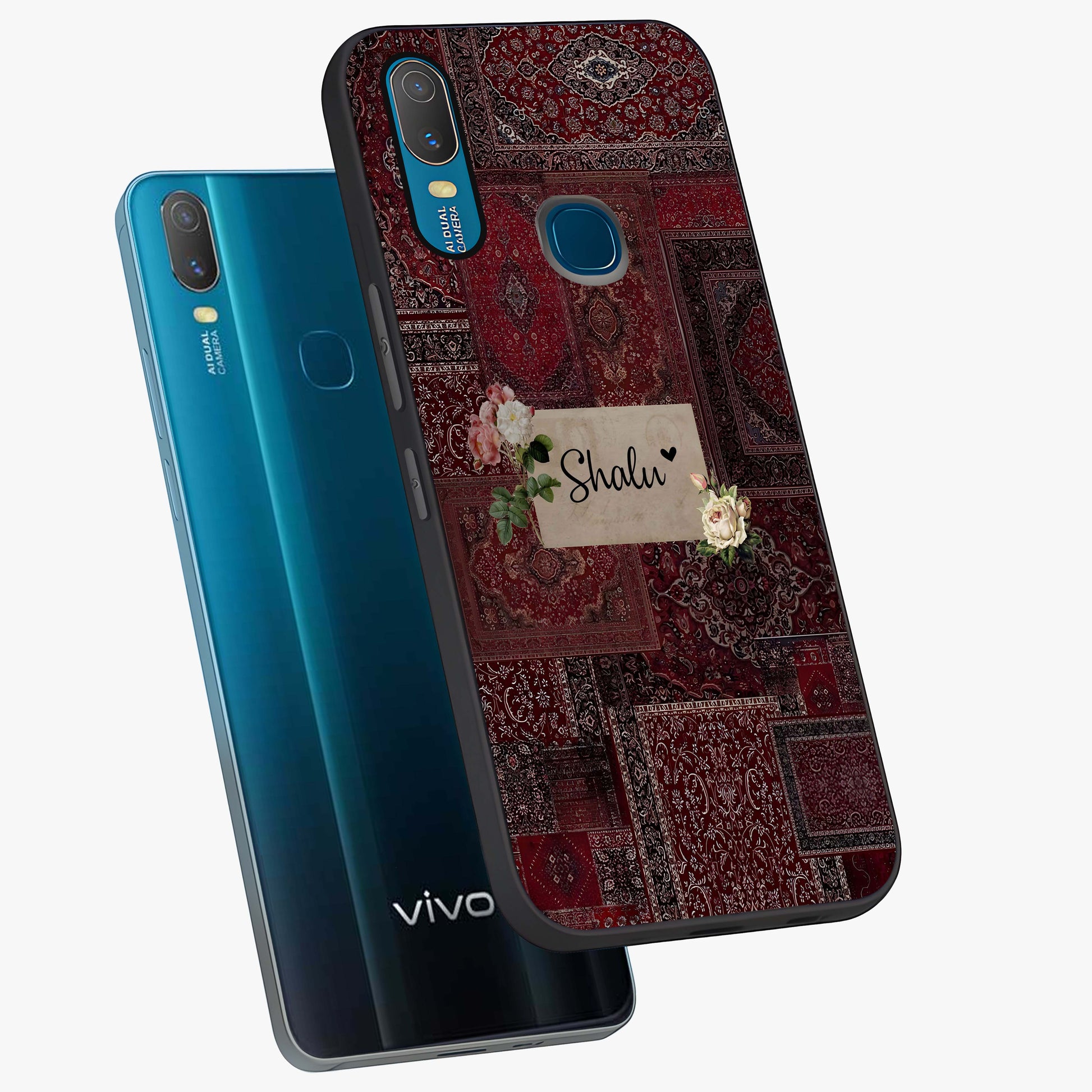 Velvet Wine Pattern Custom Name Glass Case displayed in angled mockup highlighting decorative velvet inspired design with custom name feature.