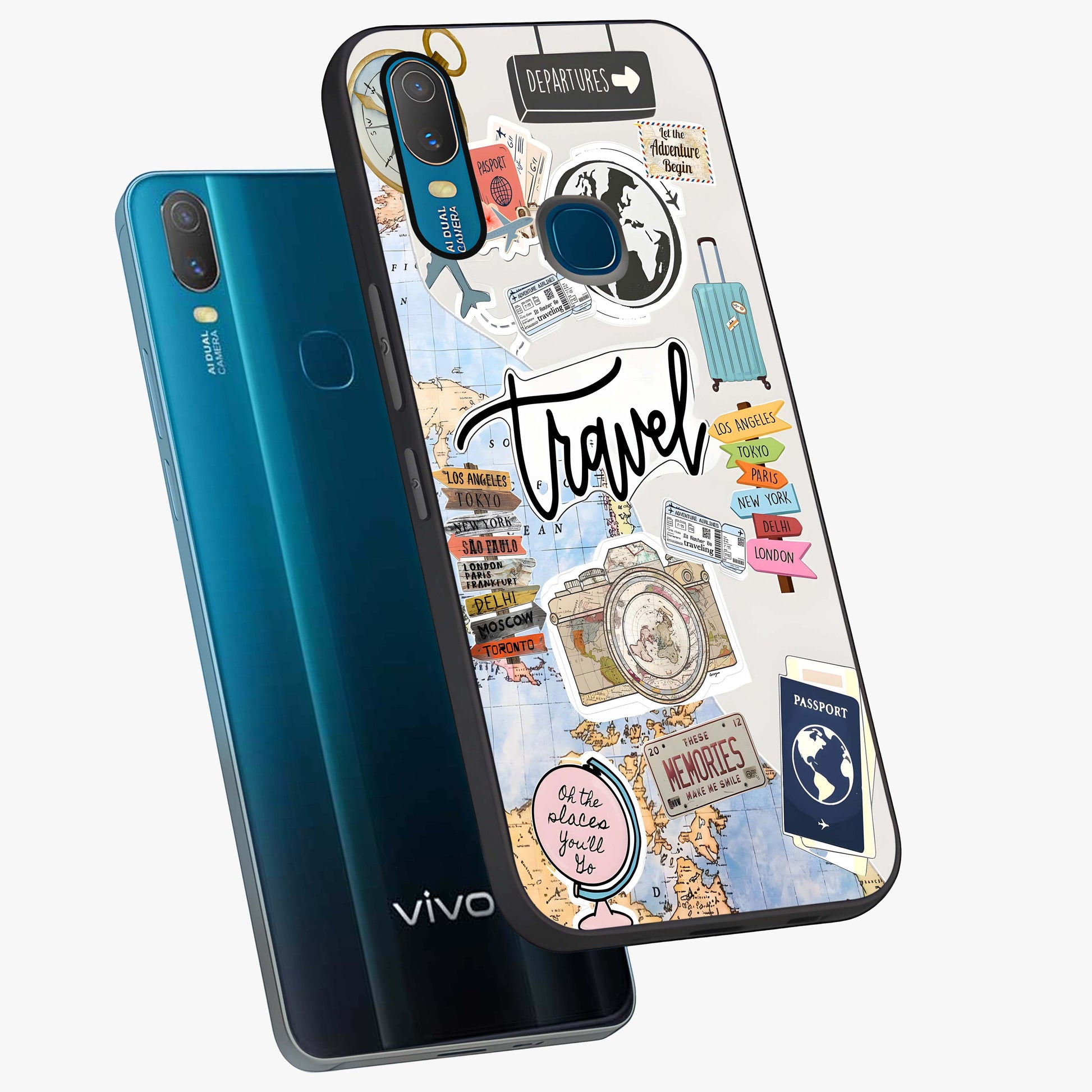 Wanderlust Journal Glass Case displayed in angled mockup highlighting adventure themed design with aesthetic travel vibe.