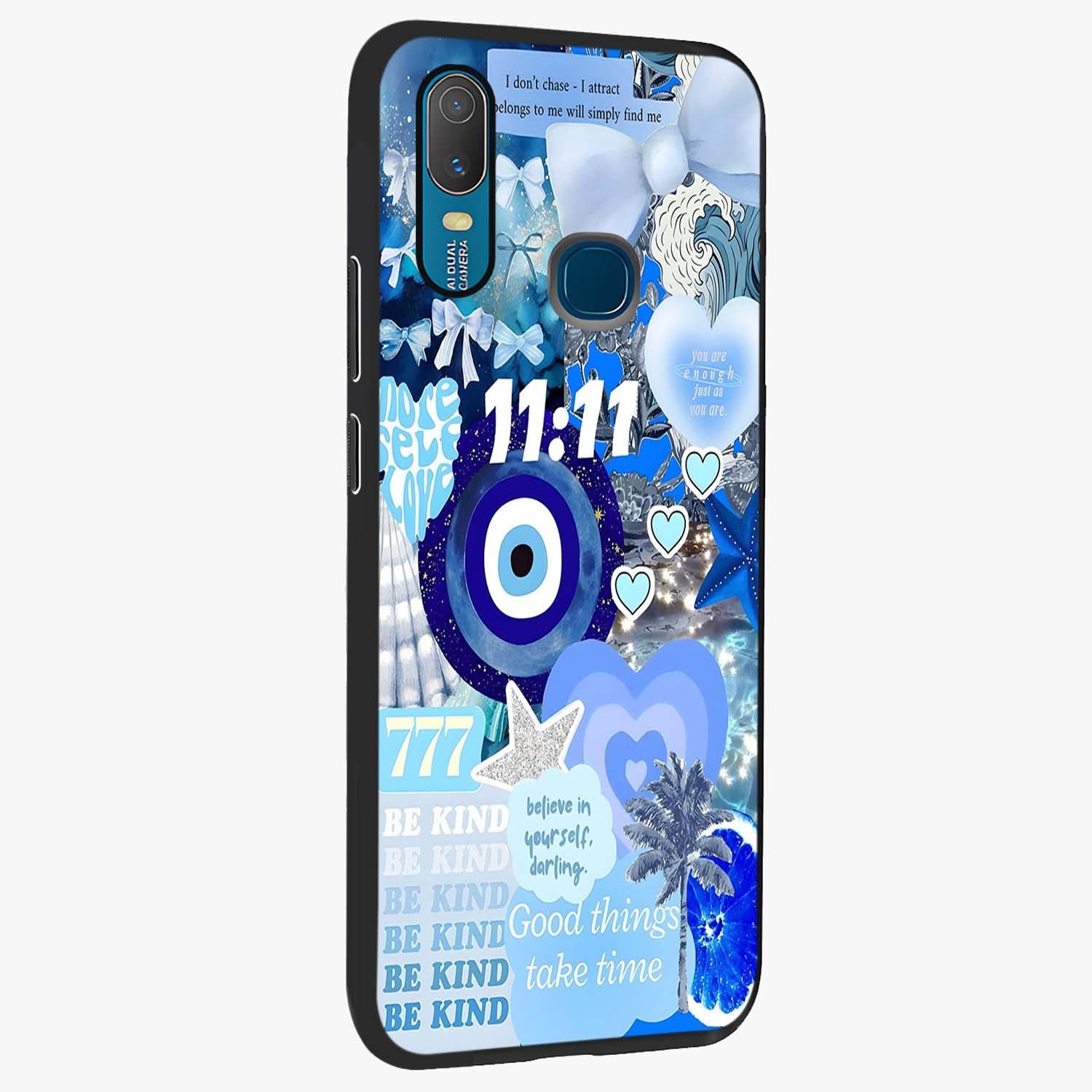 Aesthetic Be Kind Eye Glass Case upright view showcasing stylish eye illustration with positive message theme.