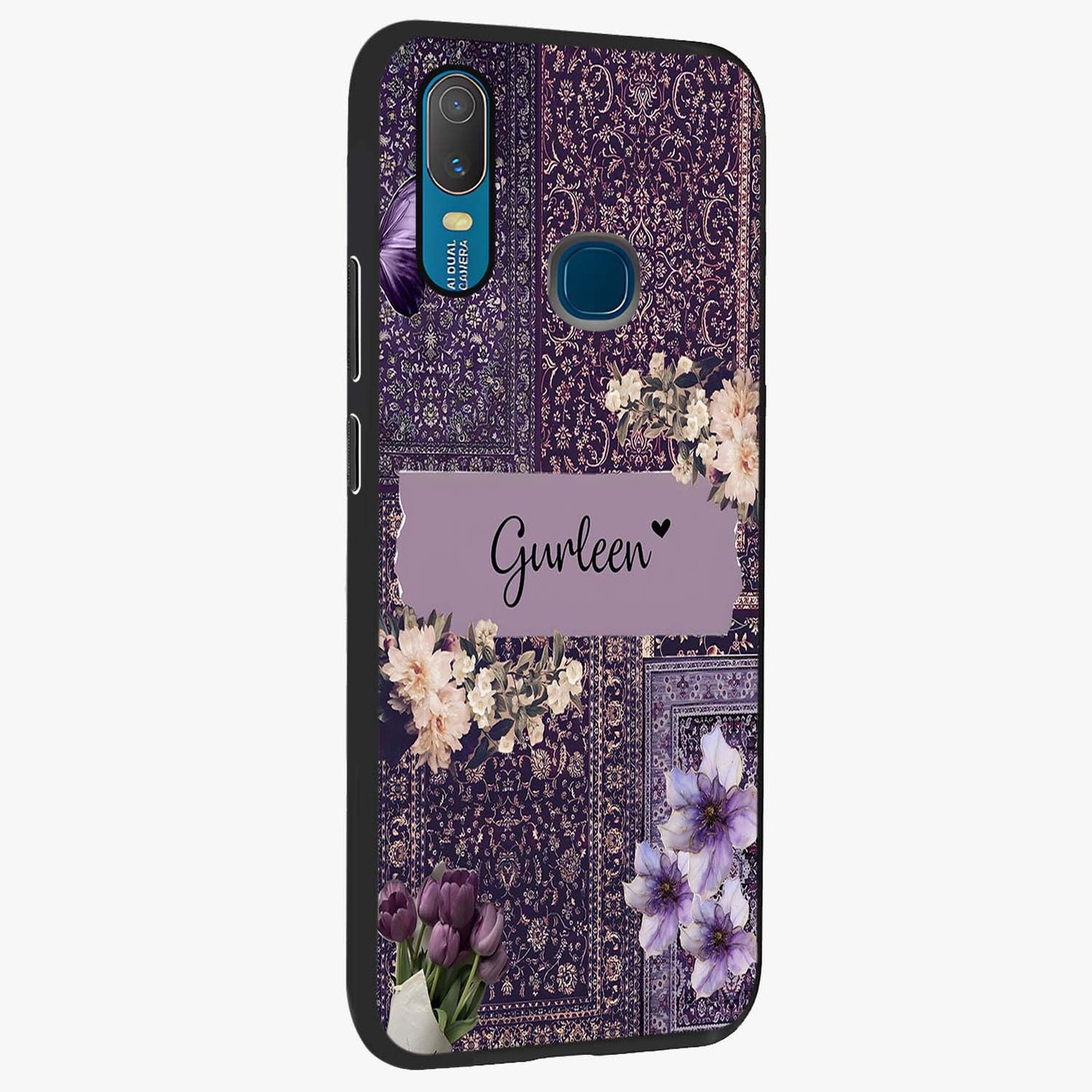 Antique Floral Whisper Custom Name Glass Case upright view showcasing delicate floral artwork with custom name feature.