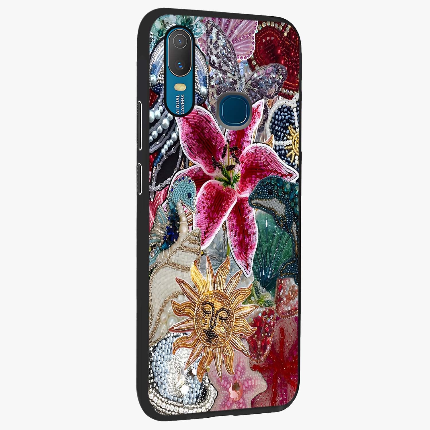 Beaded Garden Fantasy Glass Case upright view showcasing whimsical garden aesthetic with artistic bead details.