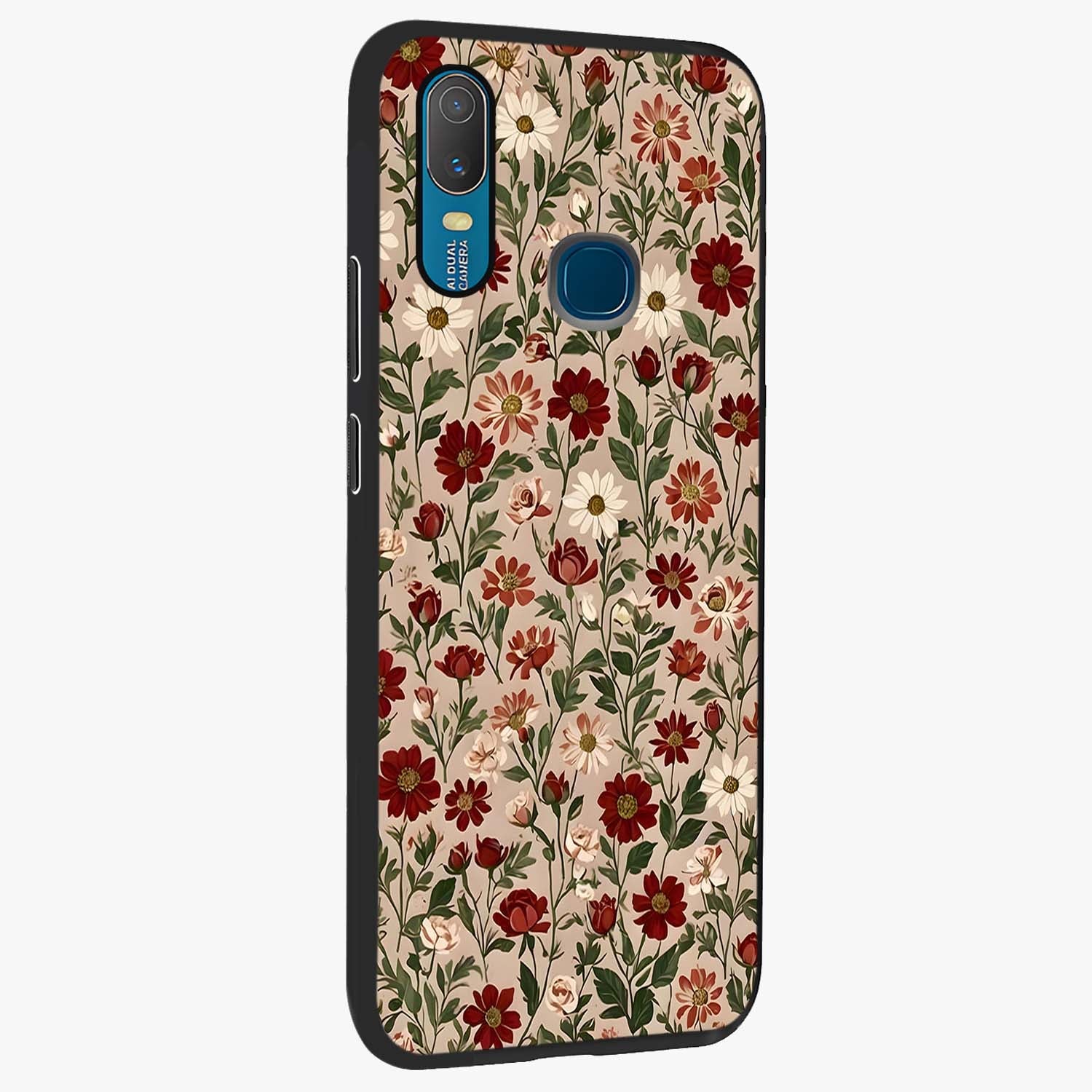 Biege Flower With Leaf Glass Case upright view showcasing delicate beige flower illustration with clean botanical style.