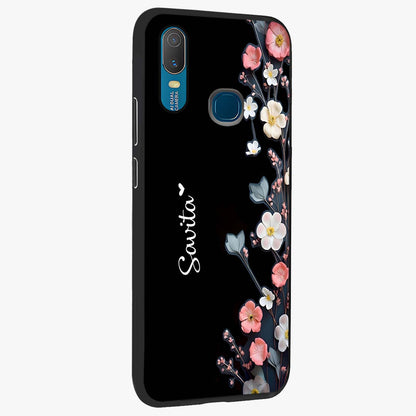 Black Elegance Floral Custom Name Glass Case upright view showcasing luxurious black floral design with personalized name detail.