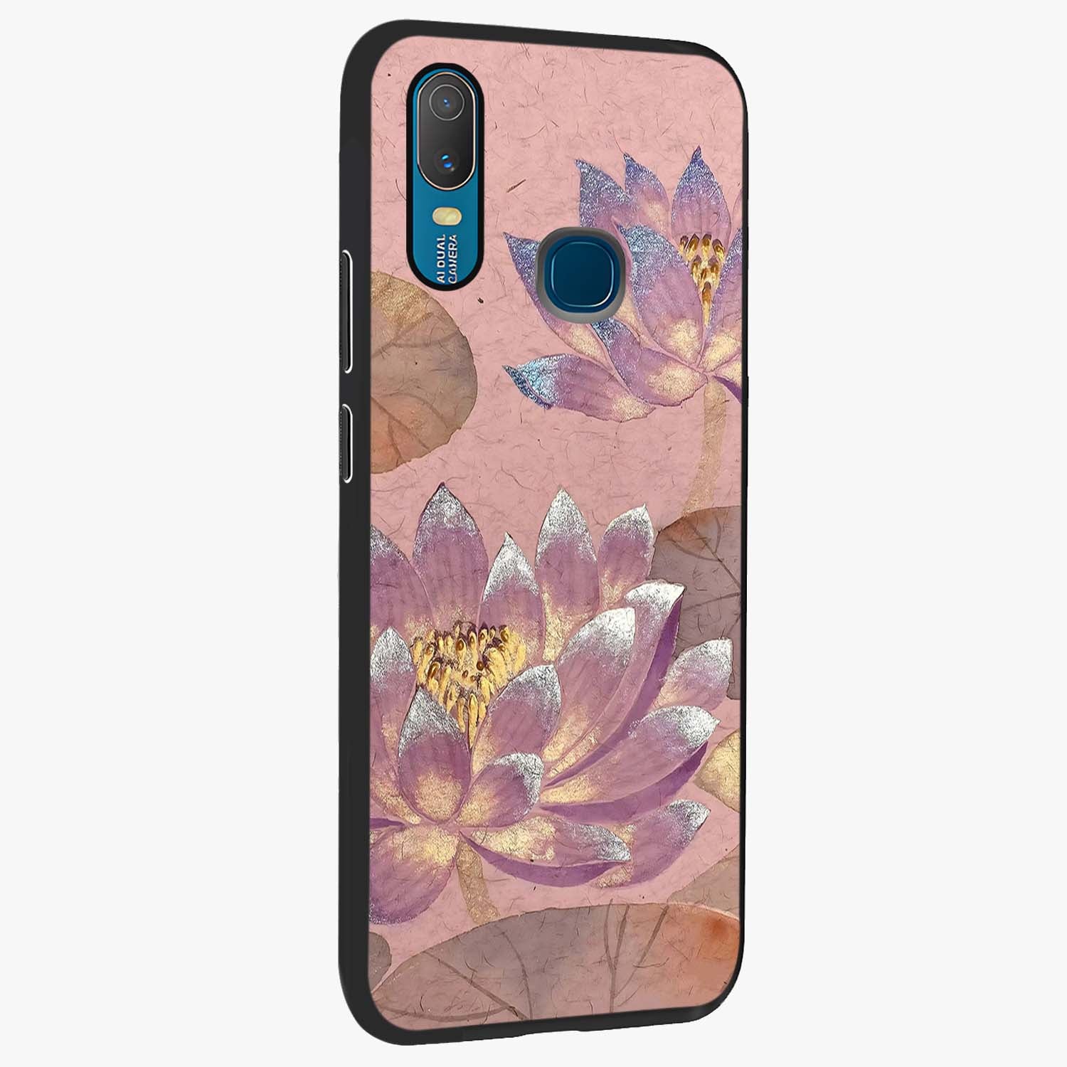Blossom Mist Lotus Glass Case upright view showcasing graceful lotus flower design with peaceful botanical style.