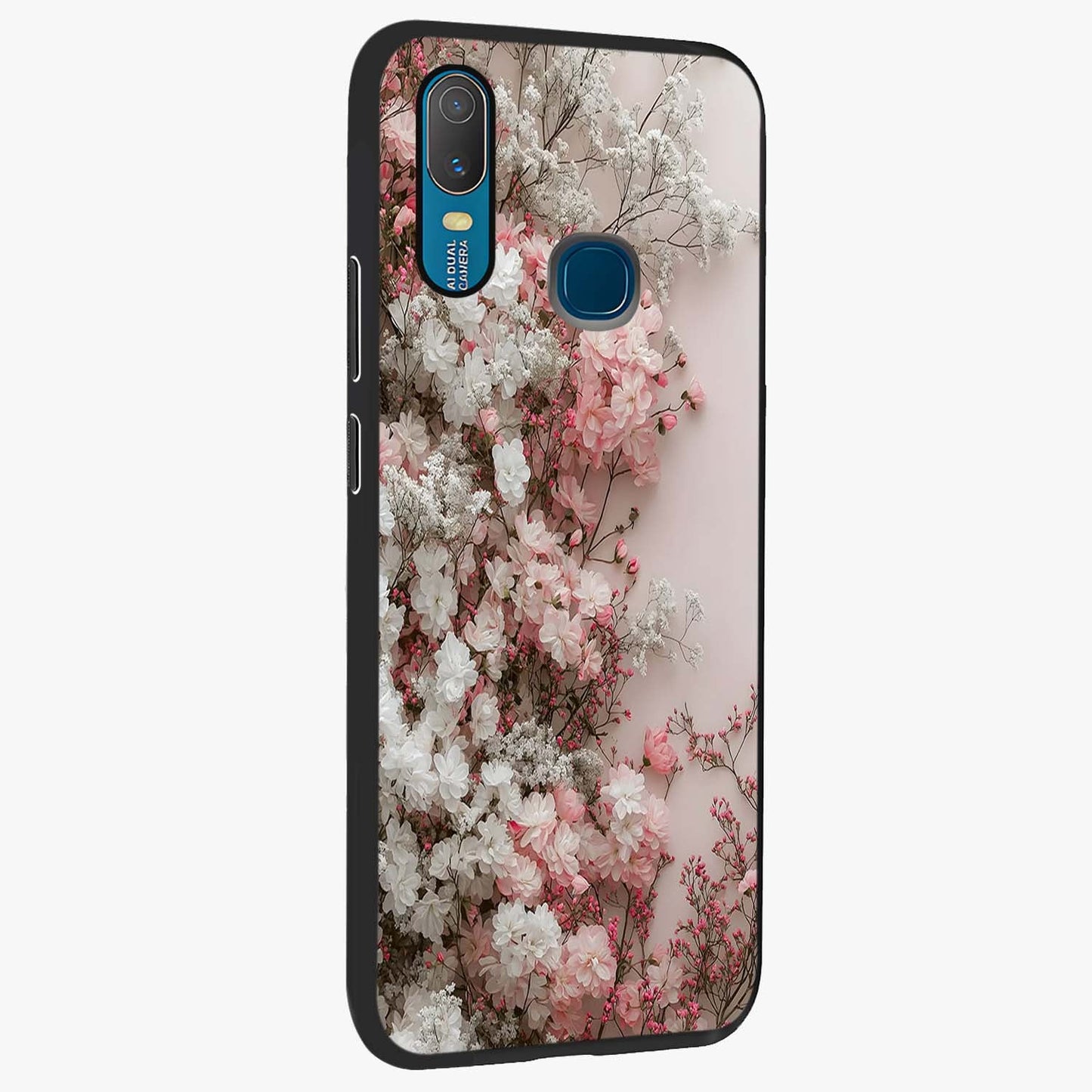 Blush Blossom Cloud Glass Case upright view showcasing calm floral cloud artwork with gentle dreamy theme.