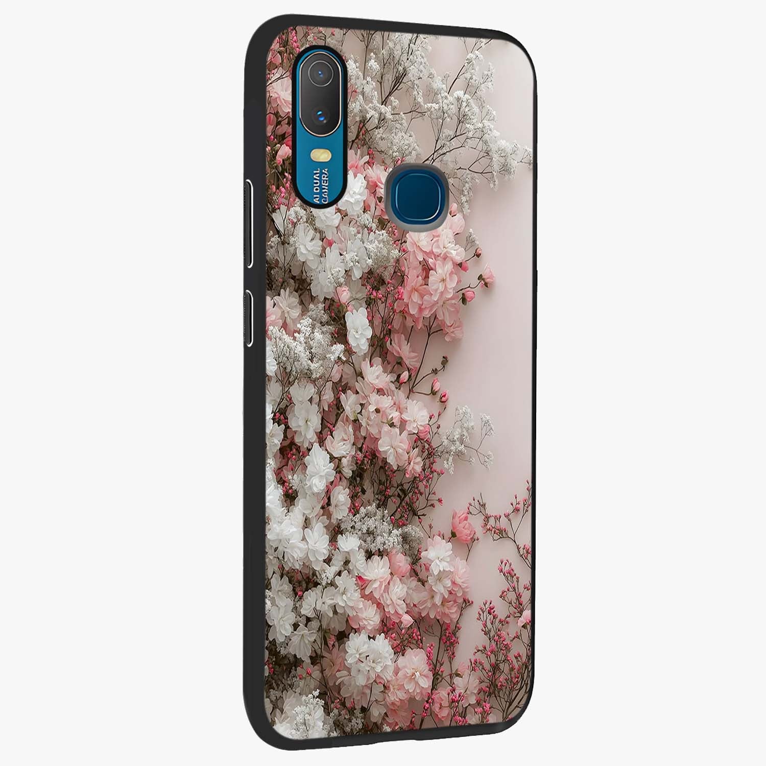 Blush Blossom Cloud Glass Case upright view showcasing calm floral cloud artwork with gentle dreamy theme.
