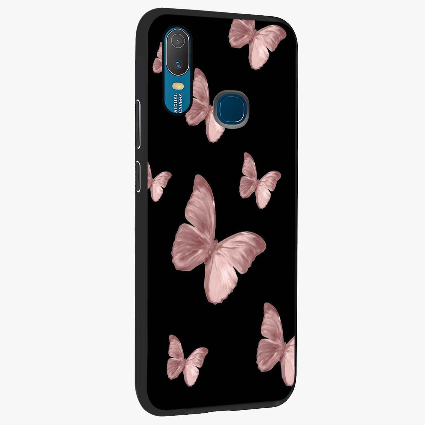 Butterfly Pattern Glass Case upright view showcasing graceful butterfly artwork with soft decorative theme.