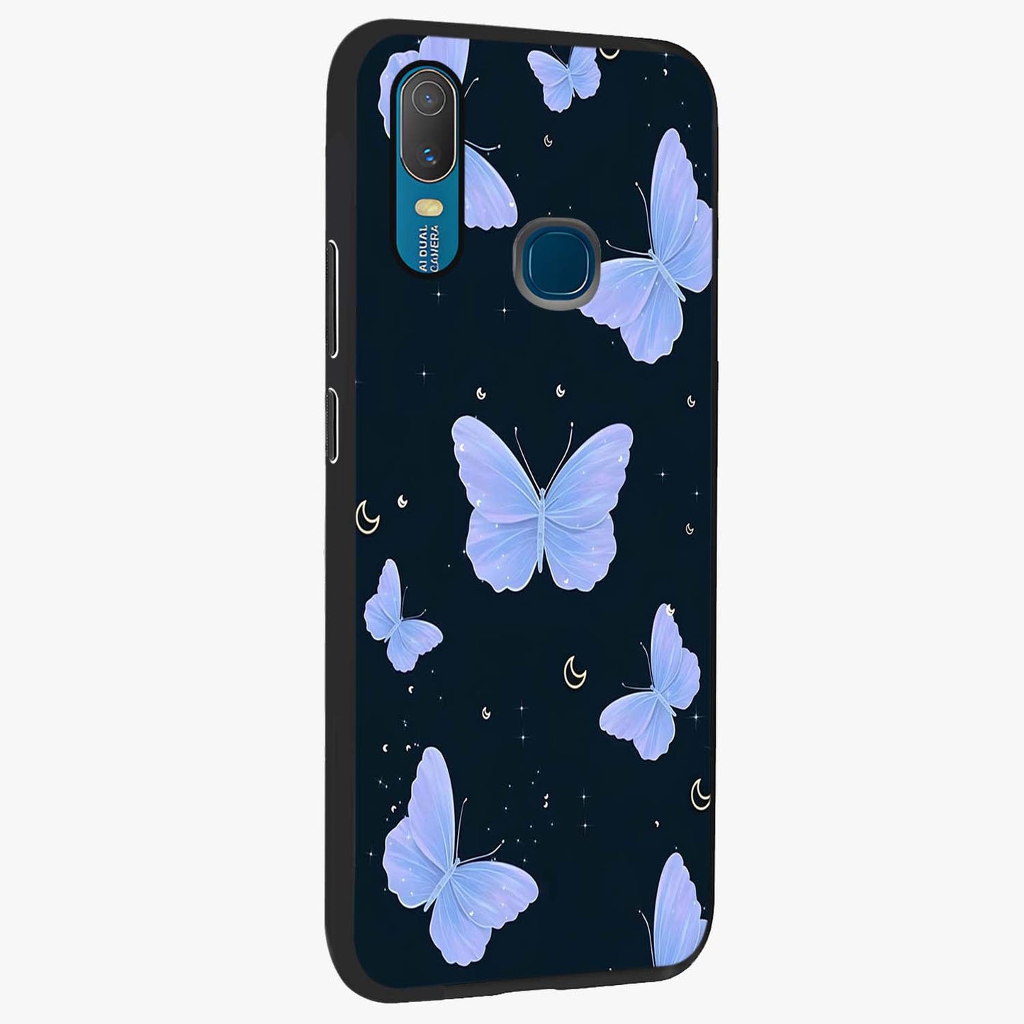 Butterfly With Stars Pattern Glass Case upright view showcasing celestial butterfly artwork with sparkling star elements.