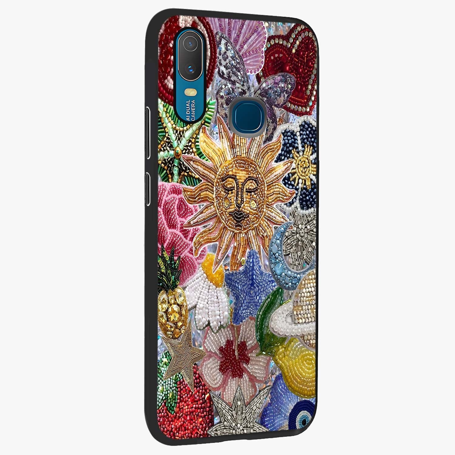 Celestial Floral and Playful Glass Case upright view showcasing whimsical floral artwork with cosmic aesthetic theme.