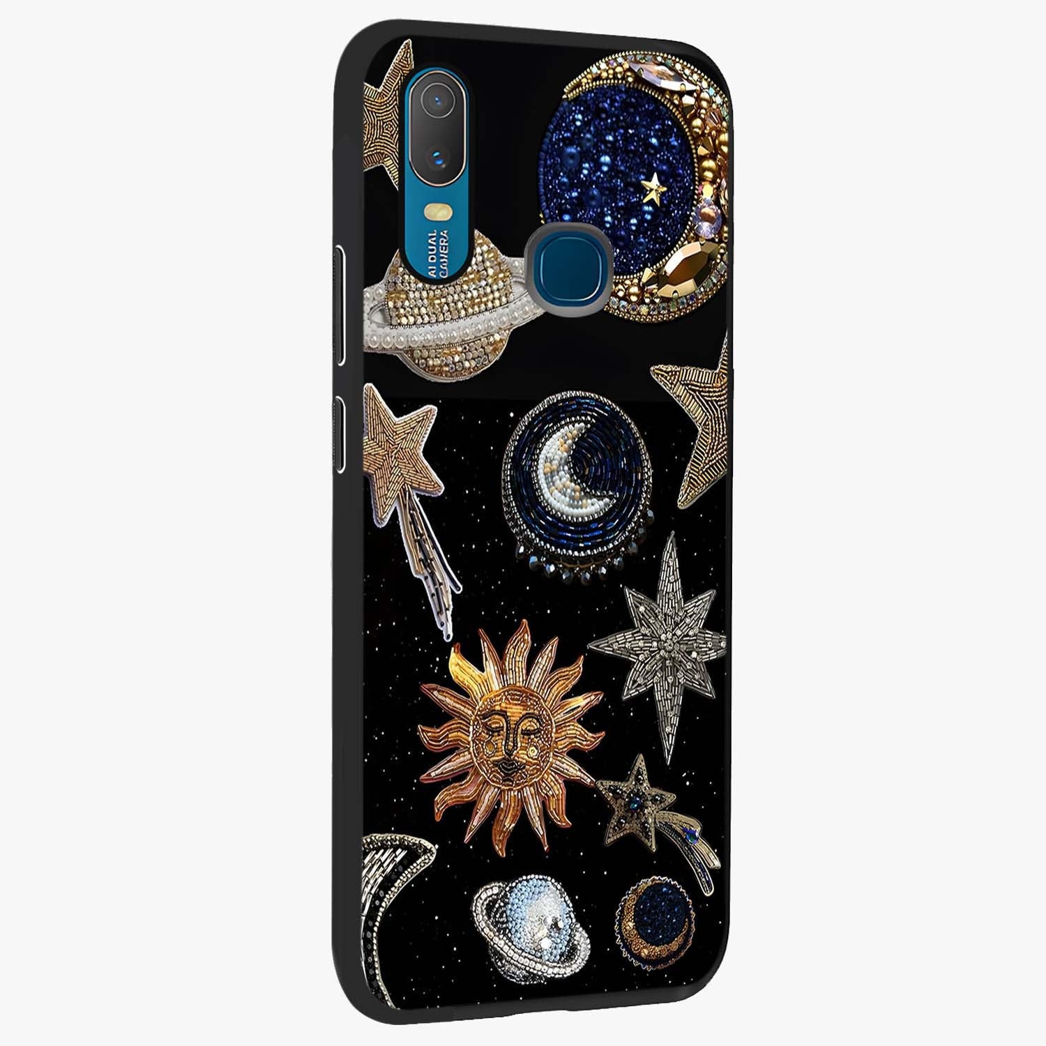 Celestial Gem Constellations Glass Case upright view showcasing cosmic constellation artwork with celestial aesthetic style.