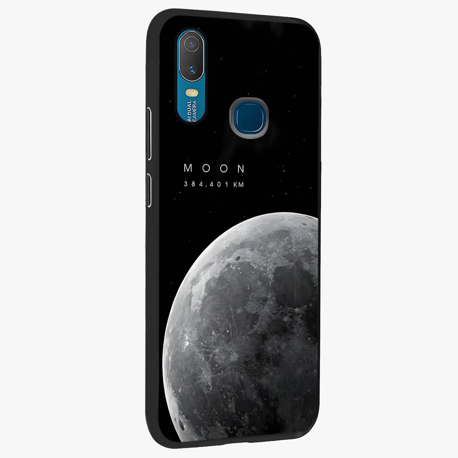 Cosmic Moon Glow Glass Case upright view showcasing luminous moon illustration with dreamy cosmic style.