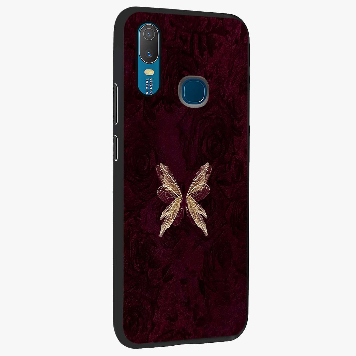 Crimson Fade Butterfly Glass Case upright view showcasing graceful butterfly artwork with soft crimson fade effect.