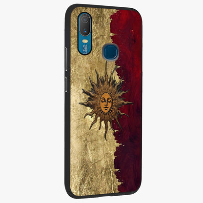 Crimson Sun Majesty Glass Case upright view showcasing vibrant sun artwork with powerful celestial theme.