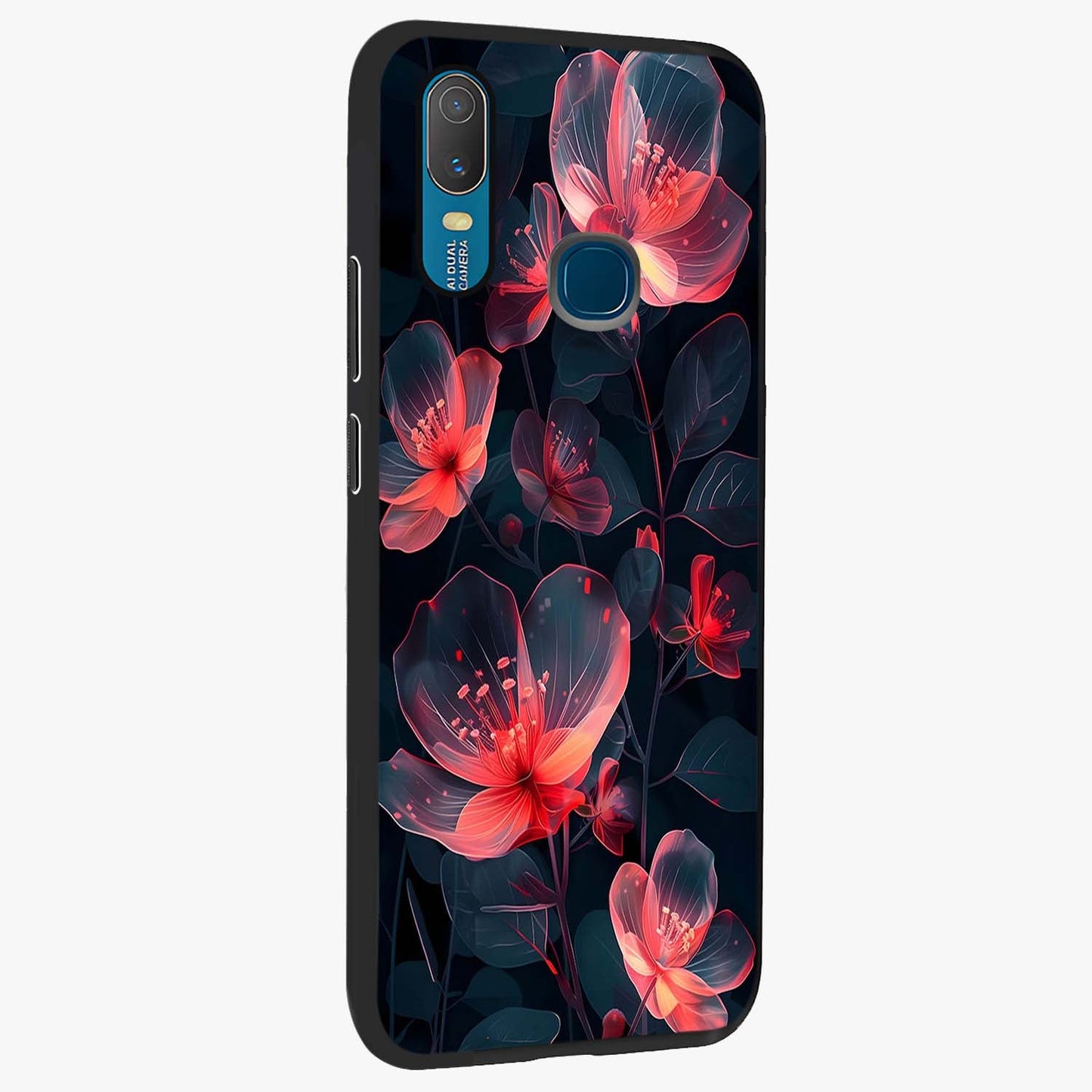 Dark Shade of Flower Glass Case upright view showcasing delicate flower artwork with rich dark floral theme.