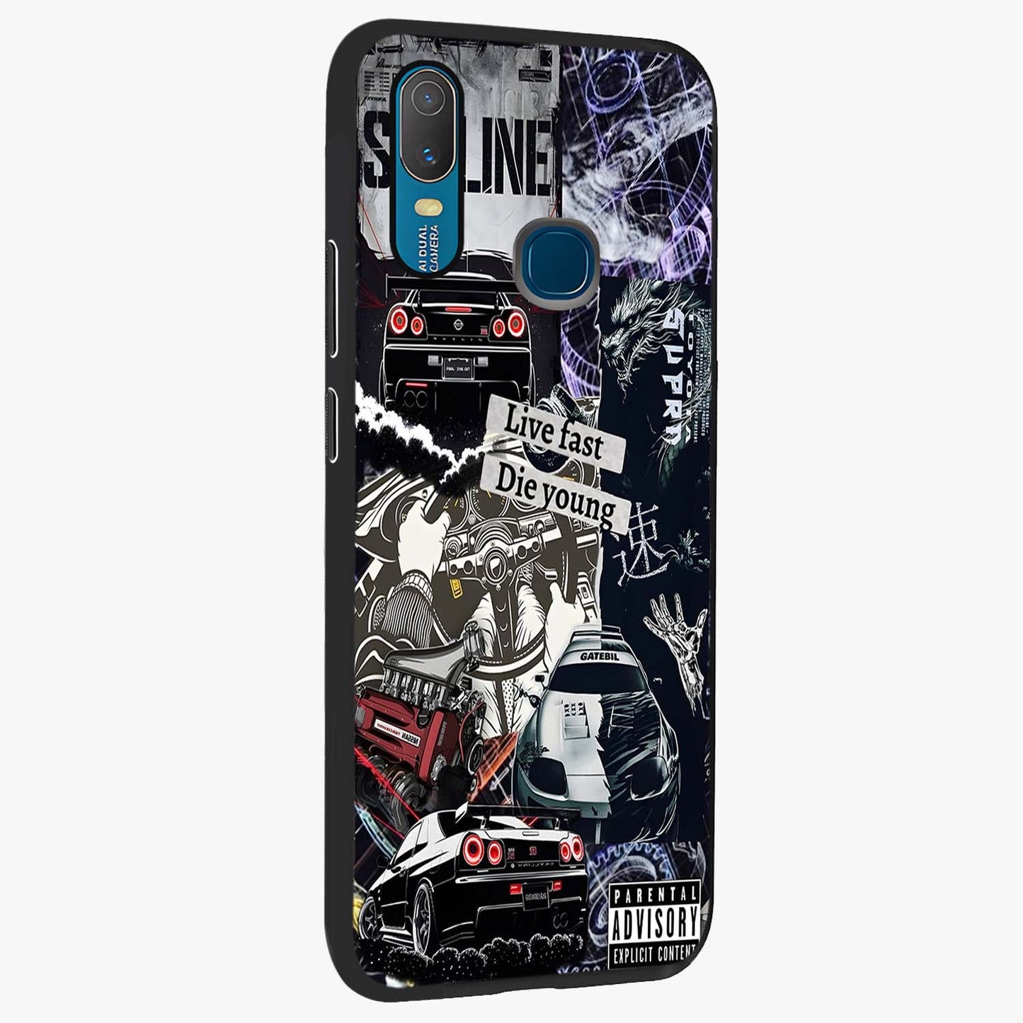 Die Young Glass Case upright view showcasing striking typography artwork with modern statement theme.