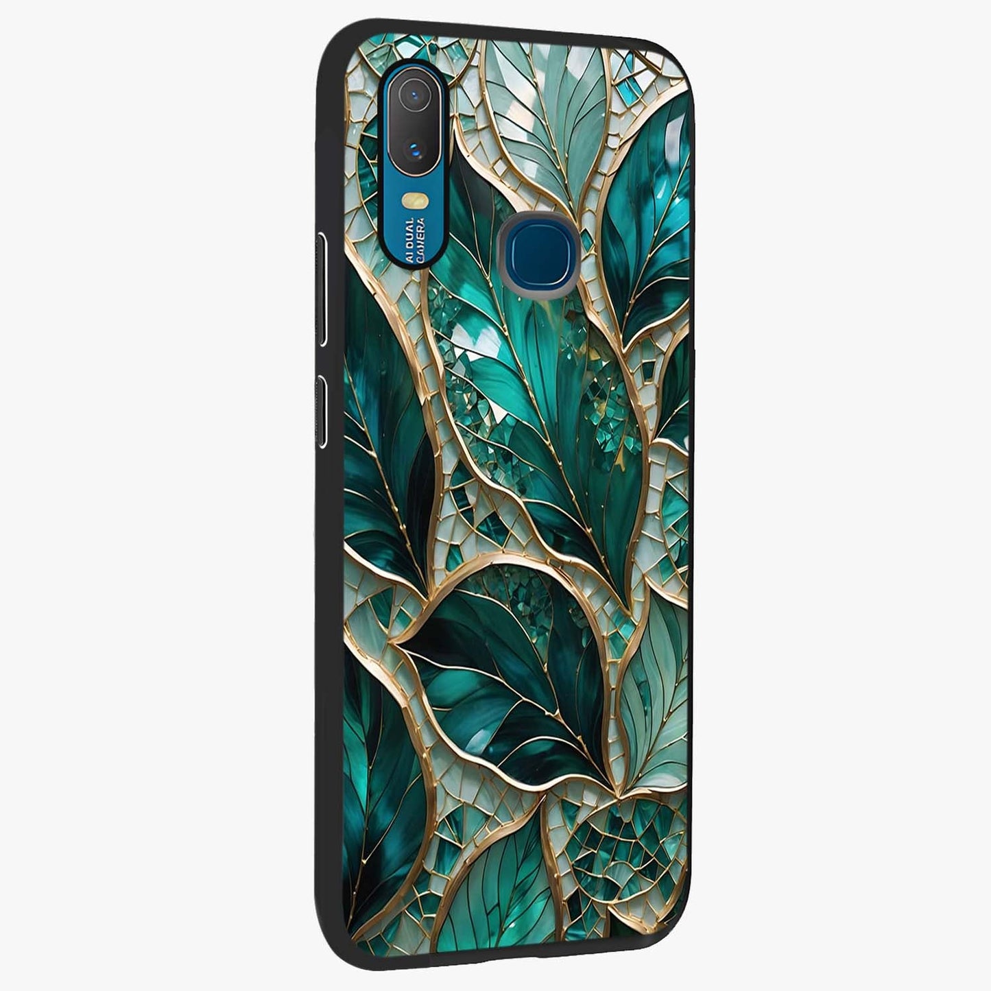Emerald Leaf Glass Glass Case upright view showcasing fresh green leaf artwork with calming nature inspired style.