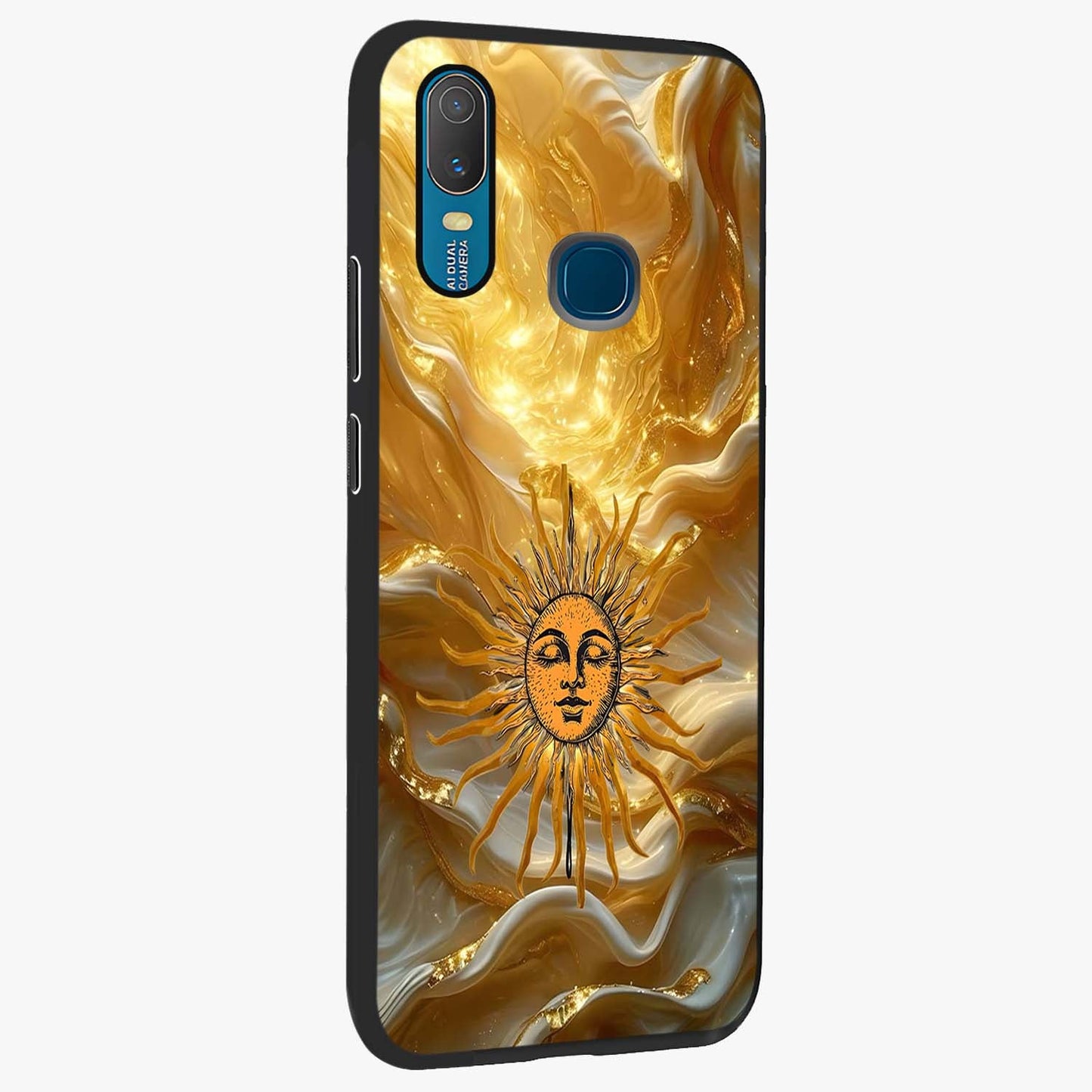 Eternal Golden Glow Glass Case upright view showcasing luminous golden artwork with luxurious visual theme.