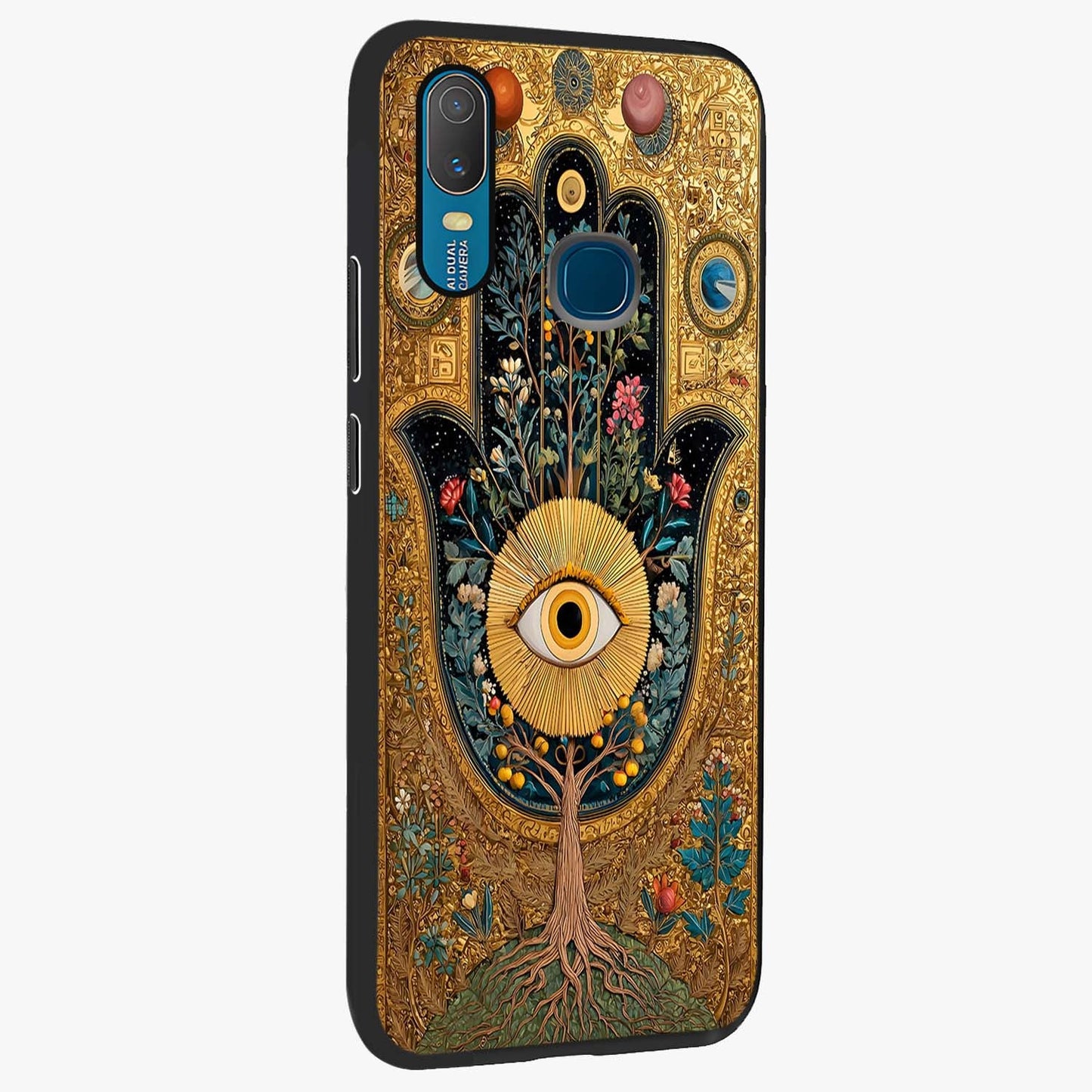Ethereal Evil Eye Glass Case upright view showcasing celestial evil eye artwork with mystical theme.