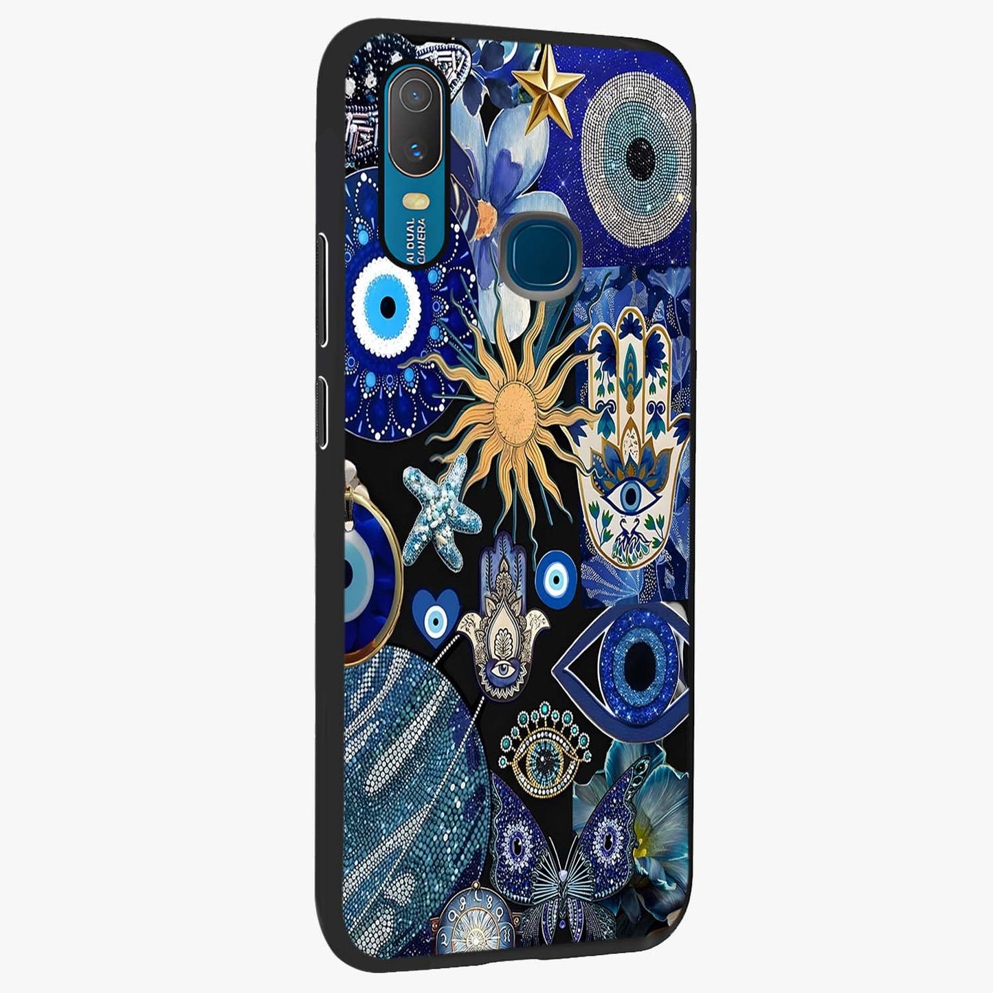 Evil Eye Charm Mix Glass Case upright view showcasing mystical evil eye pattern with vibrant decorative style.